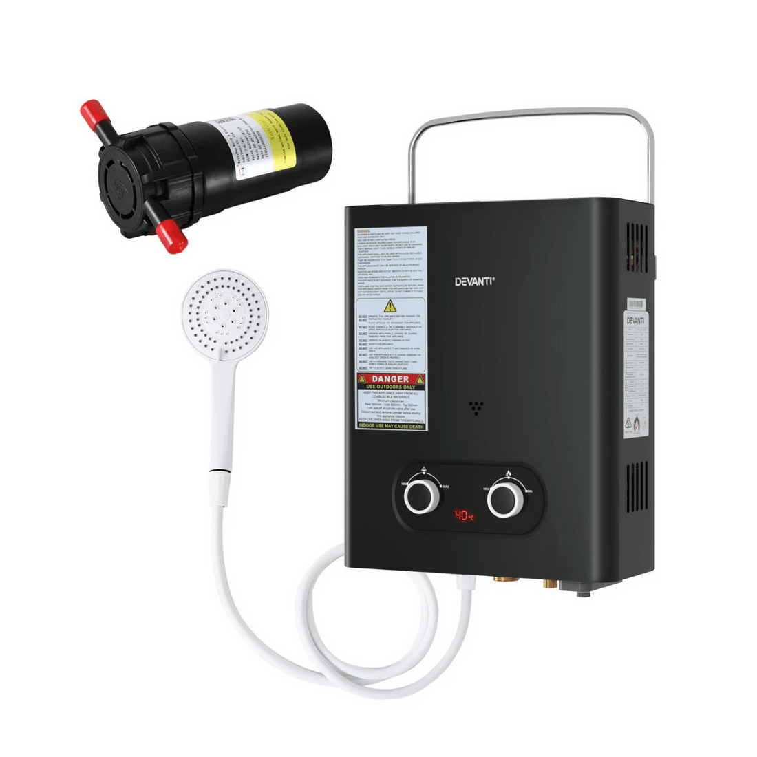 1 Devanti Portable Gas Water Heater LPG-powered System  With Pump - Black, 1 of 2