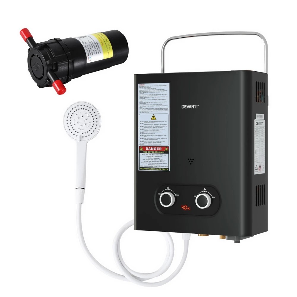 1 Devanti Portable Gas Water Heater LPG-powe System  With - Black, 1 of 7