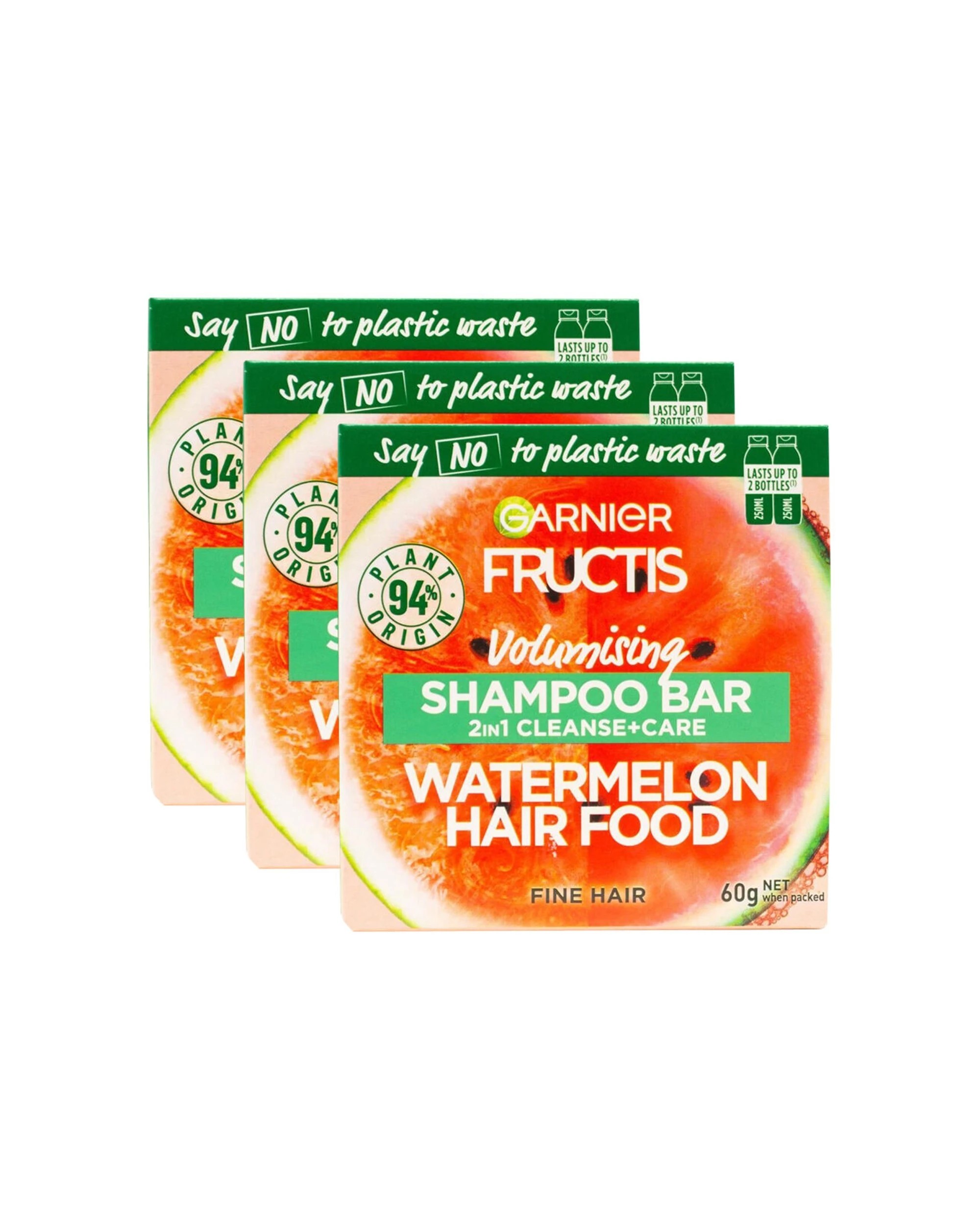 1 GARNIER 3PK Fructis Volumising Shampoo Bar 60g 2in1 Watermelon Cleanse - Multi, 1 of 3