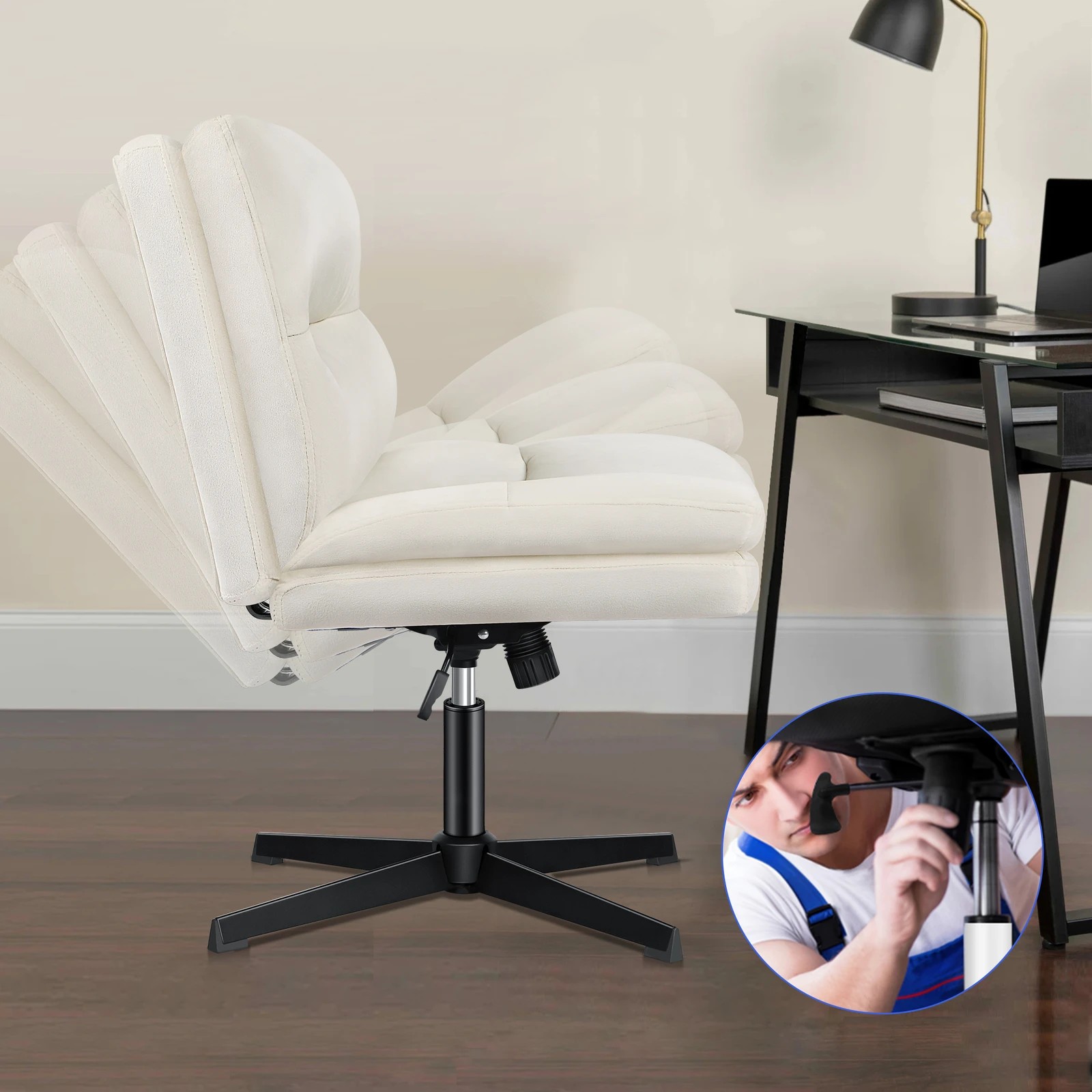 3 Alfordson Office Chair Computer Seat Cross-legged Work Ottoman Velvet - Beige, 3 of 10