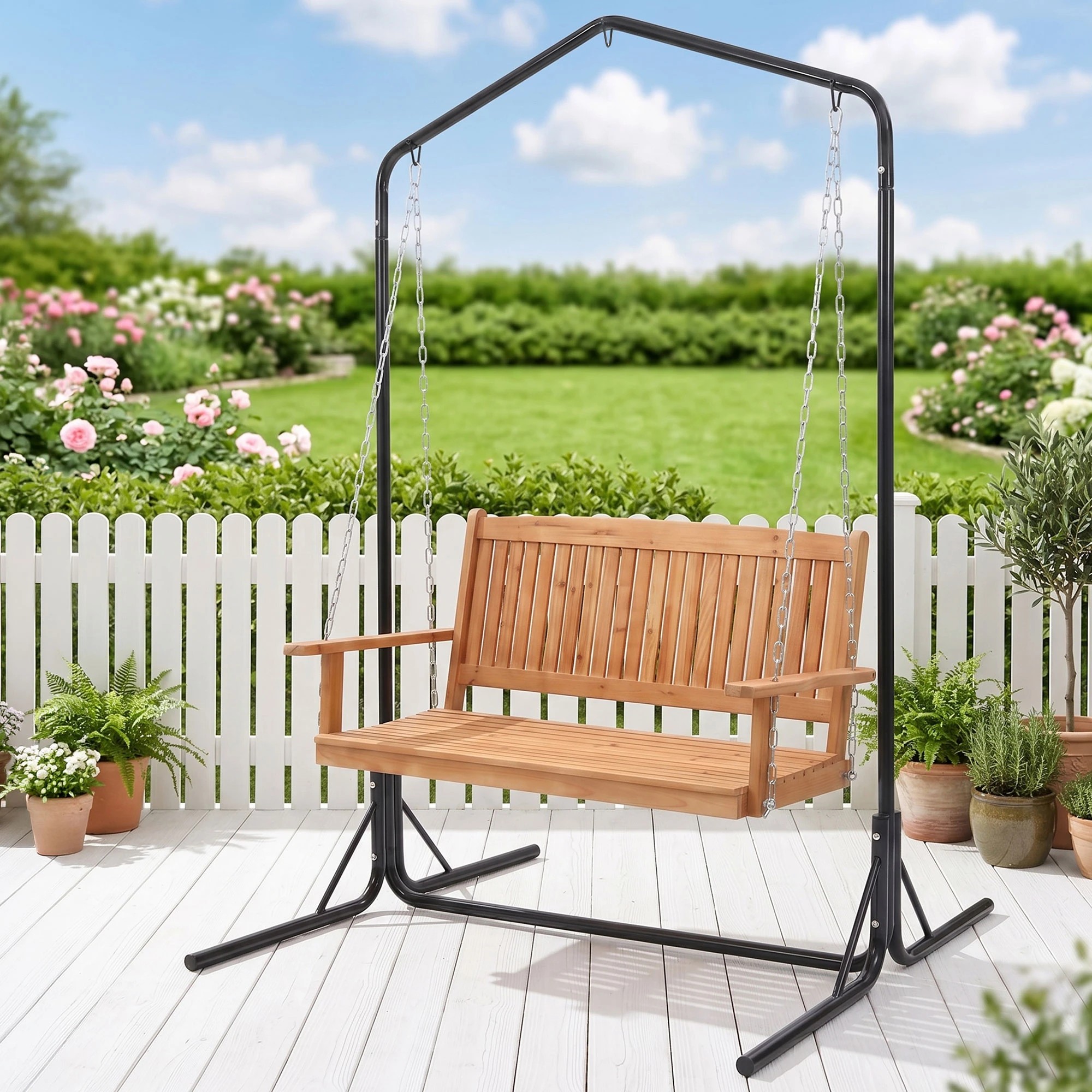 2 Gardeon Wooden 2-Seater Outdoor Swing Chair with Stand Hanging Chair Patio Garden Furniture 200kg Capacity - Multi, 2 of 7