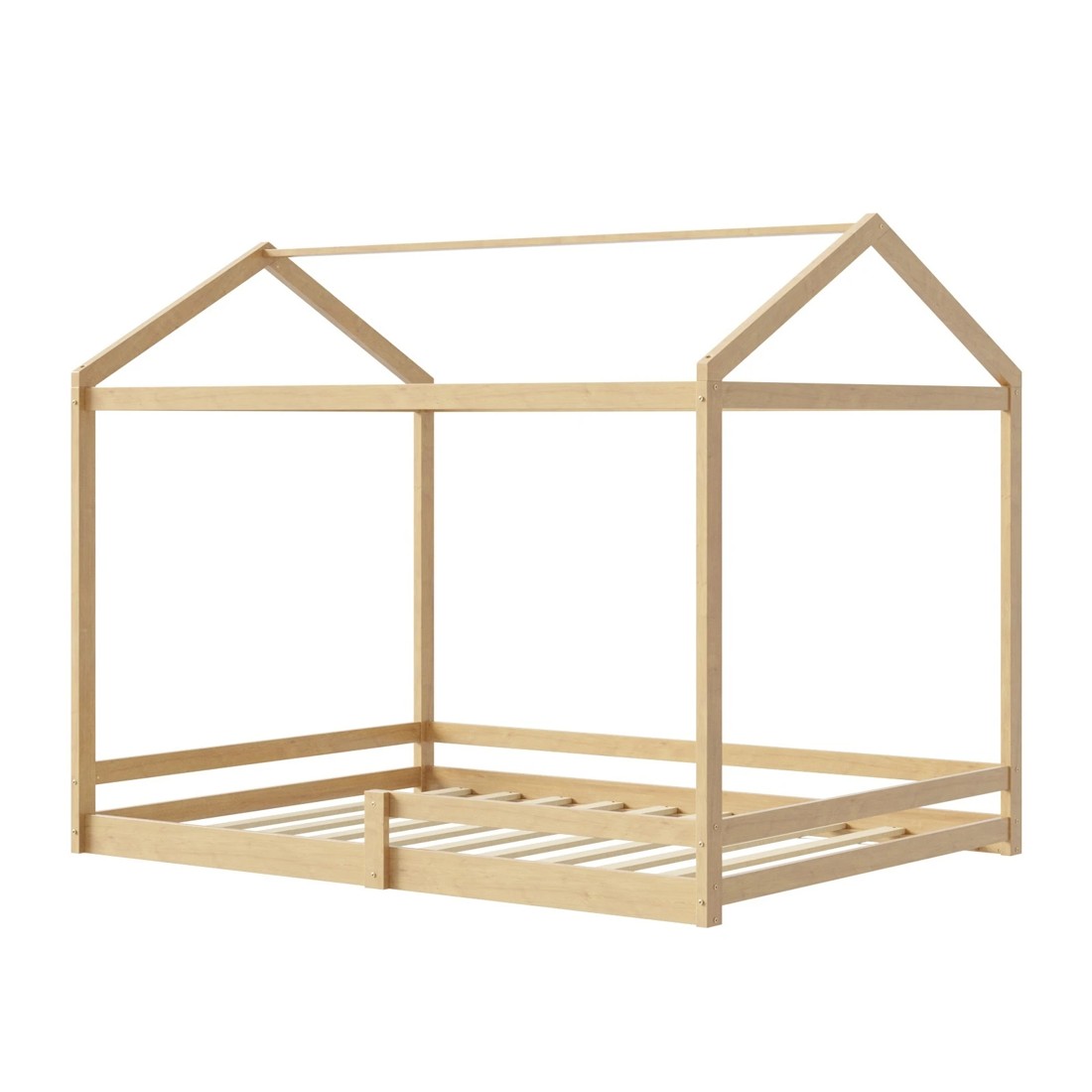 1 Oikiture Double Kids Wooden Bed Frame Timber House Beds Base With Fence
 - Natural, 1 of 10