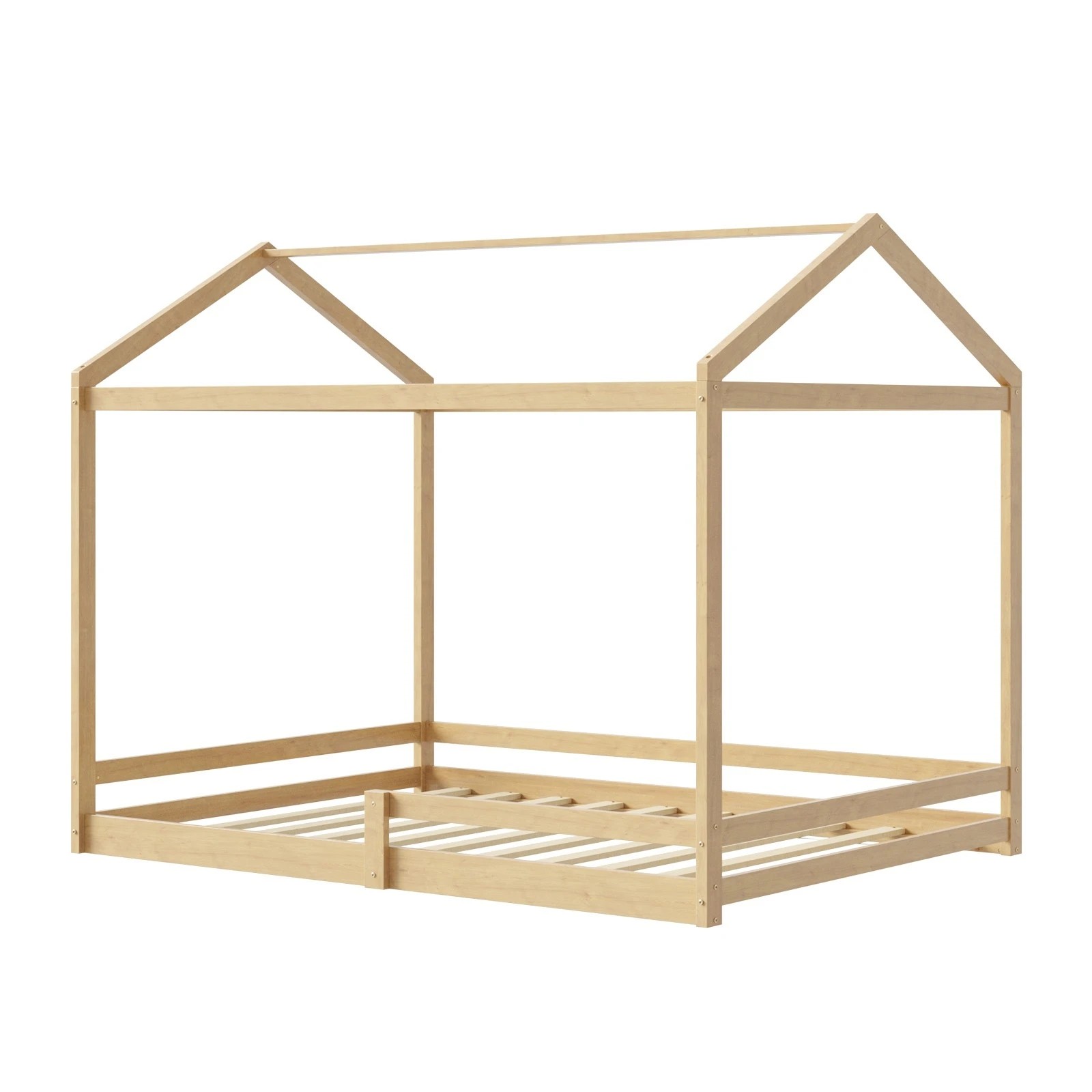 1 Oikiture Double Kids Wooden Bed Frame Timber House Beds Base With Fence
 - Natural, 1 of 10