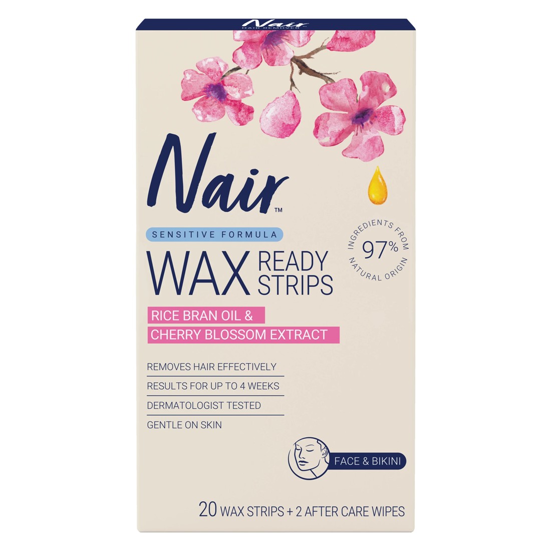 1 Nair 20 Pack Sensitive Mini Wax Strips - Rice Bran Oil and Cherry Blossom Extract, 1 of 10