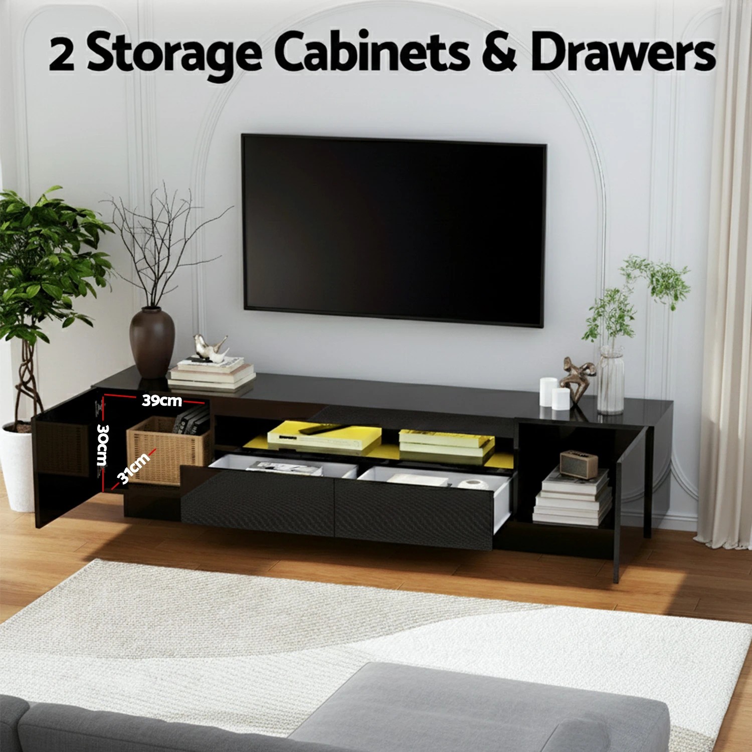 6 Artiss TV Unit Entertainment Unit Storage Drawer RGB LED 180cm - Black, 6 of 9