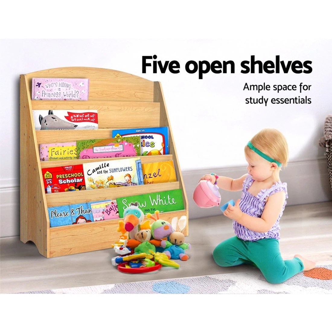 6 Keezi 5 Tiers Kids Bookshelf Magazine Shelf Organiser Bookcase Display Rack Toy Storage Reading Nook Playroom - Brown, 6 of 8