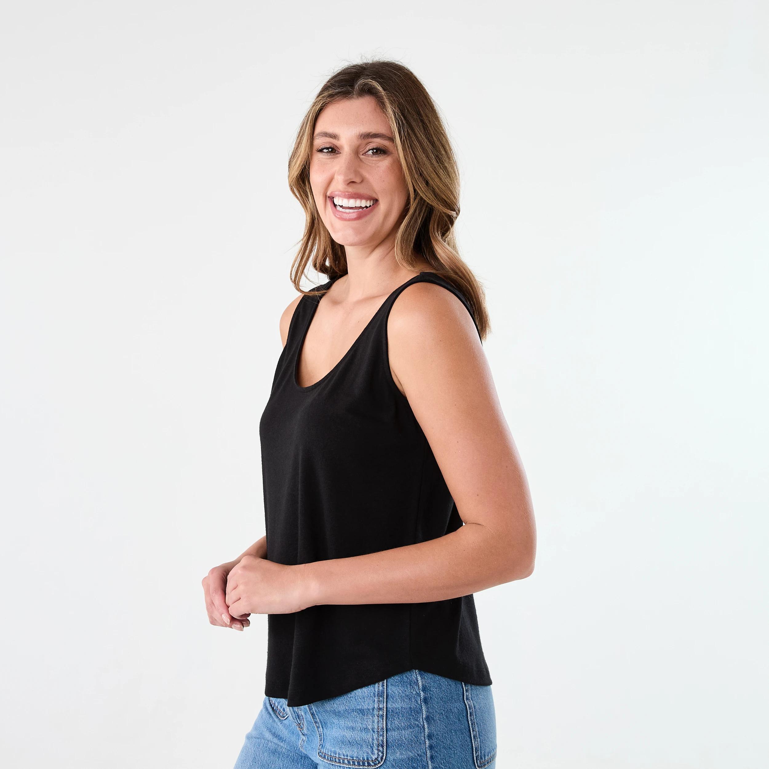 2 Sleeveless Linen Blend Scoop Neck Tank Black, 2 of 5