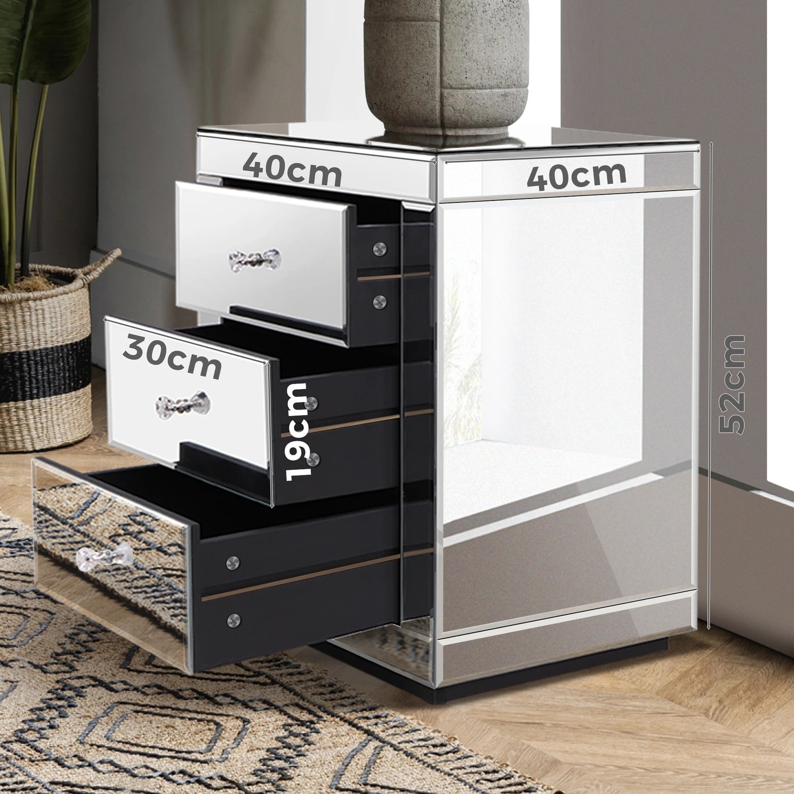 6 Alfordson Bedside Table Mirrored Cabinet Nightstand Side End Table Drawers - Silver, 6 of 10