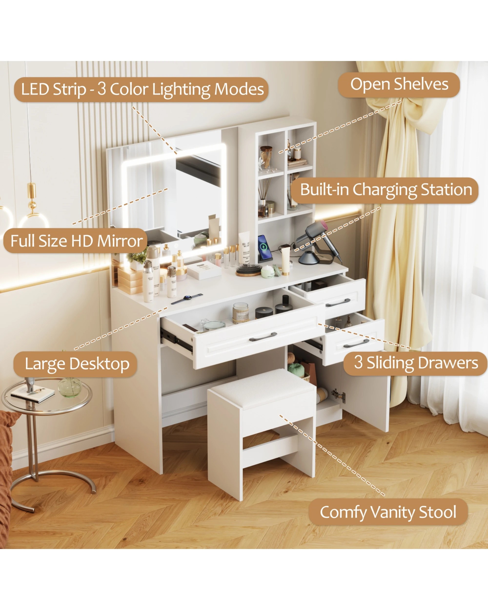 3 Advwin Dressing Table Stool Set Charging Station Led Mirror, 3 of 10