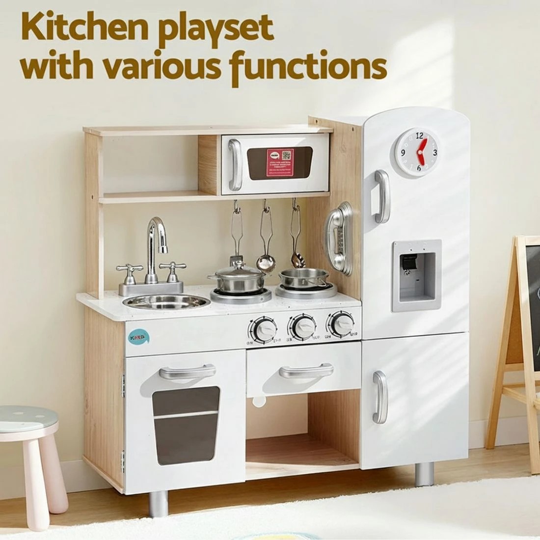 4 Keezi Kids Kitchen Play Set en Pretend Toys Cooking Children Clock - Beige, 4 of 7