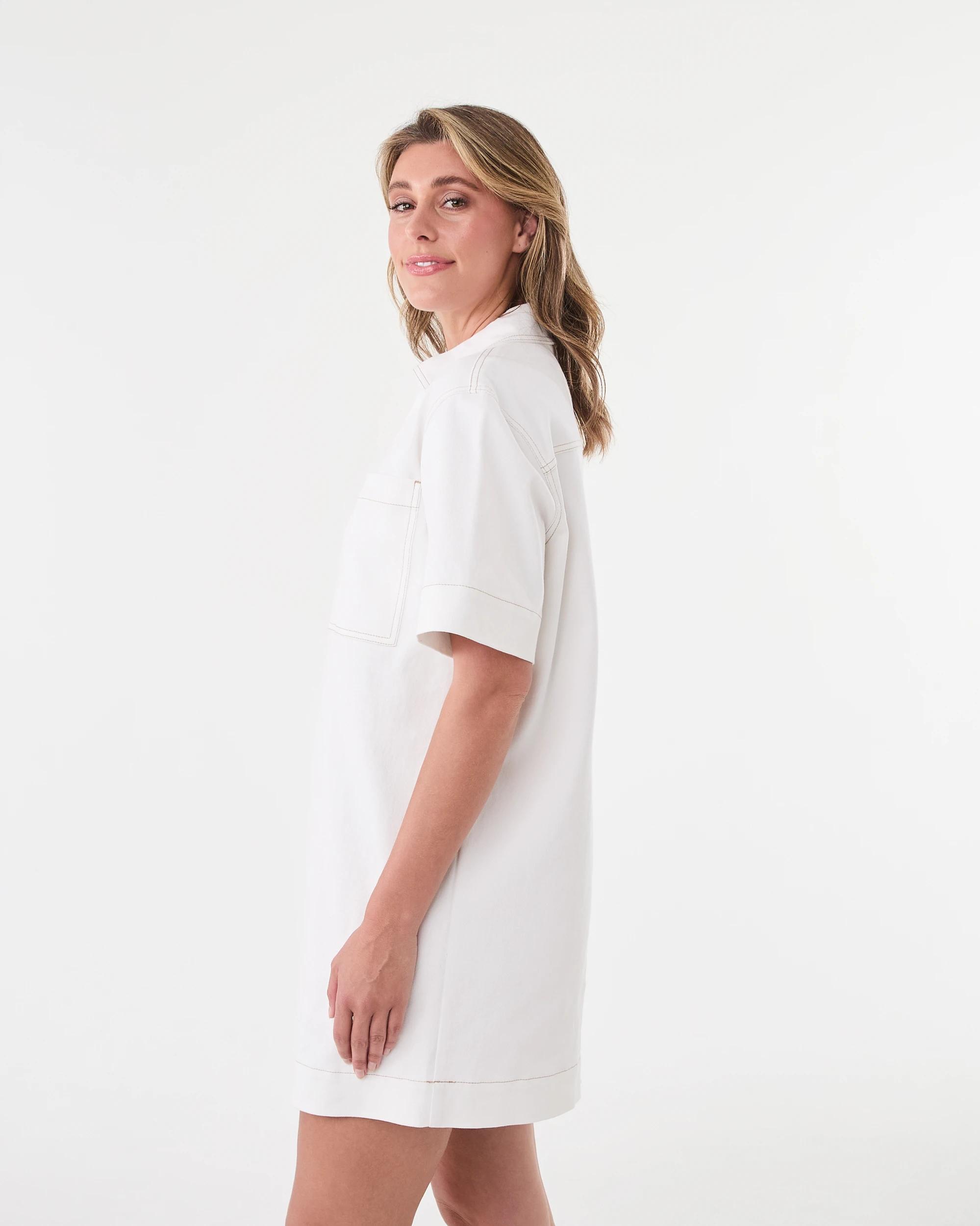 2 Short Sleeve Boxy V-Neck Denim Dress Ecru, 2 of 8