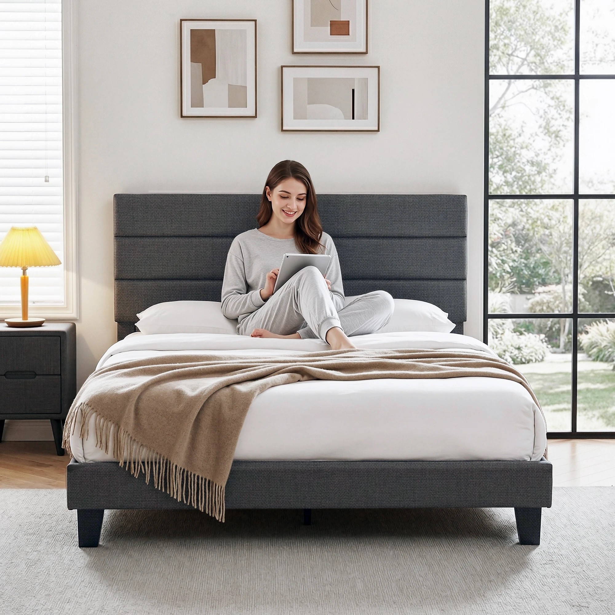 4 Artiss Queen Bed Frame Upholste Platform Base with Geometric Headboard - Charcoal, 4 of 8