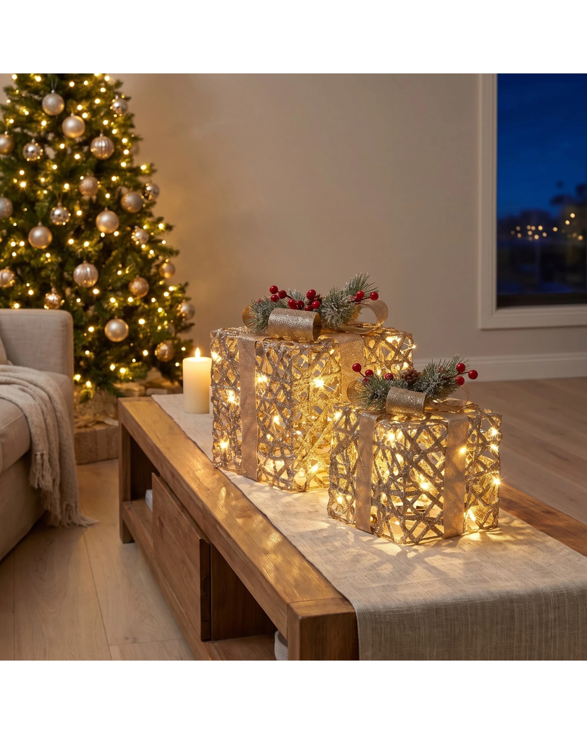 5 Christabelle 2 Pale Champagne Christmas Gift Boxes Light Up Display 35cm 28cm Indoor Xmas Festive Decoration - Gold, 5 of 5
