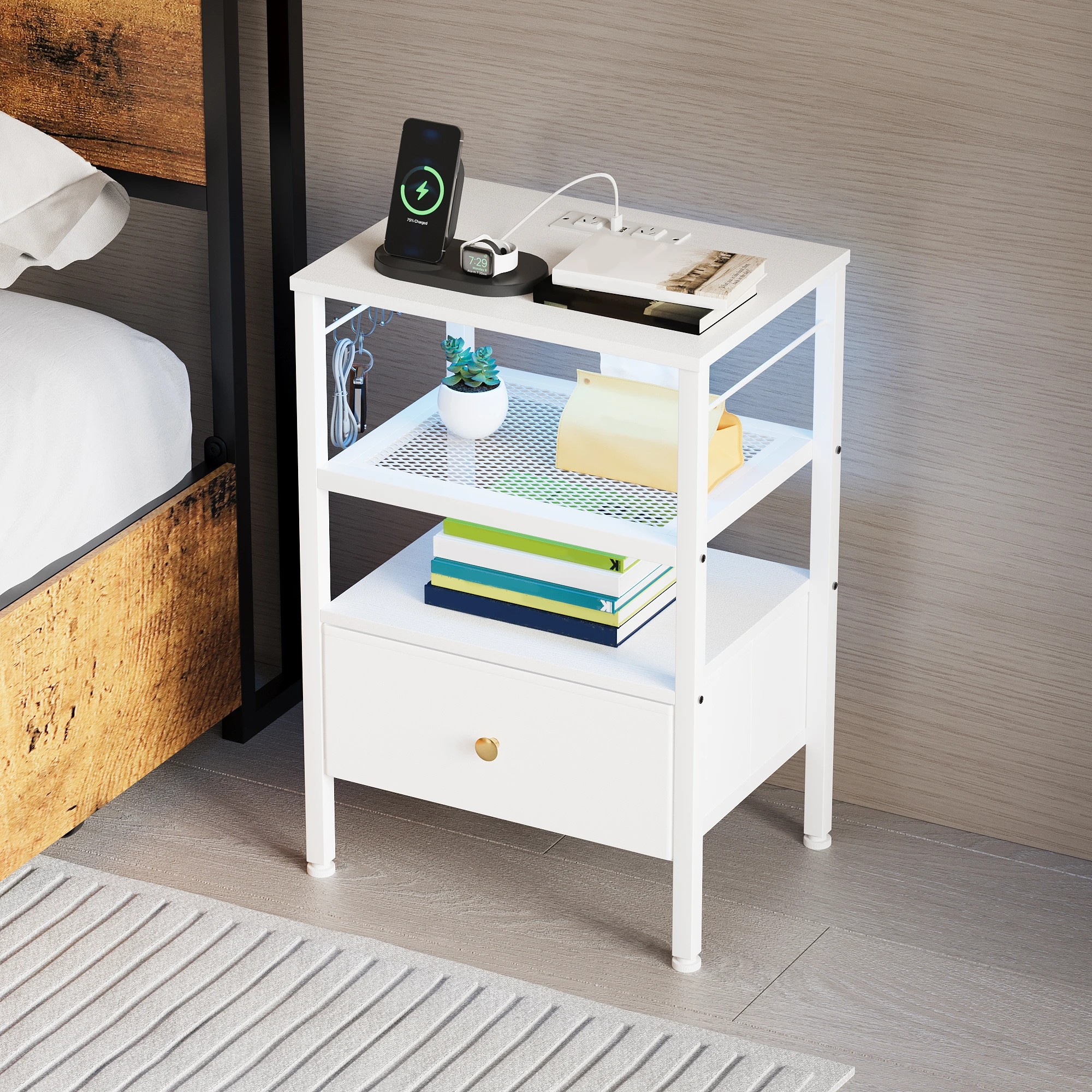 6 Advwin Set of 2 Bedside Table with Charging Station LED Lights Drawer - White, 6 of 7