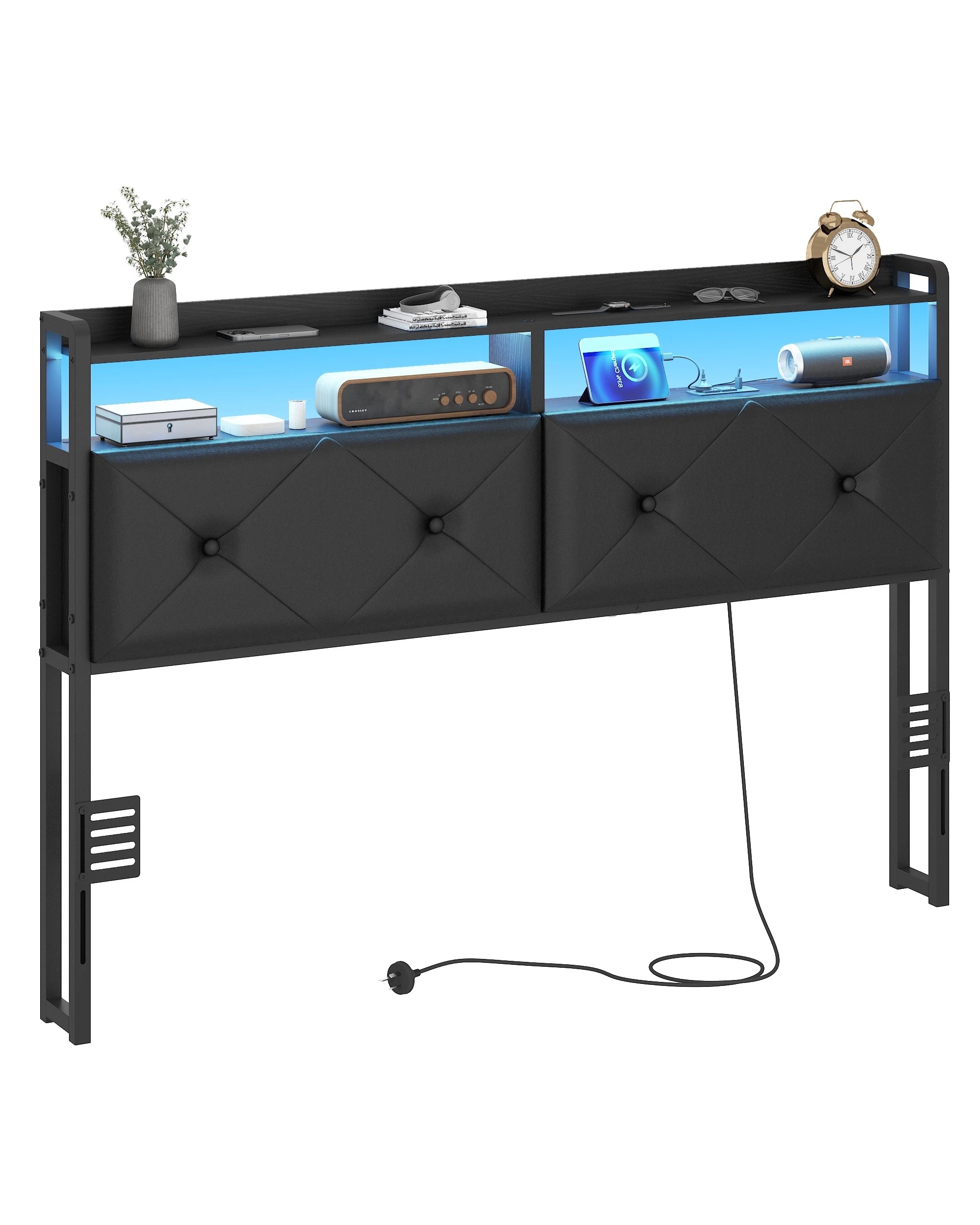 8 Advwin Double Size Headboard with LED Light Charging Station Hidden Storage PU Upholstered - Black, 8 of 8