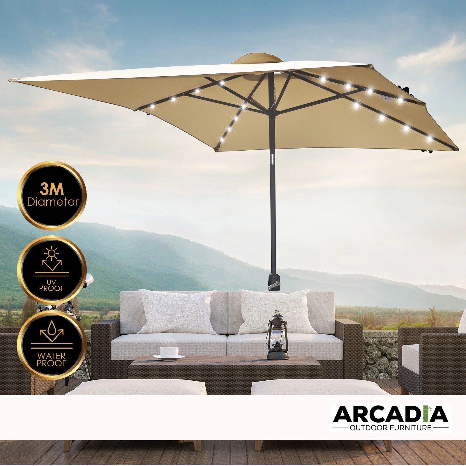 1 Arcadia Furniture 3 Metre Umbrella with Solar LED Lights - Beige, 1 of 5