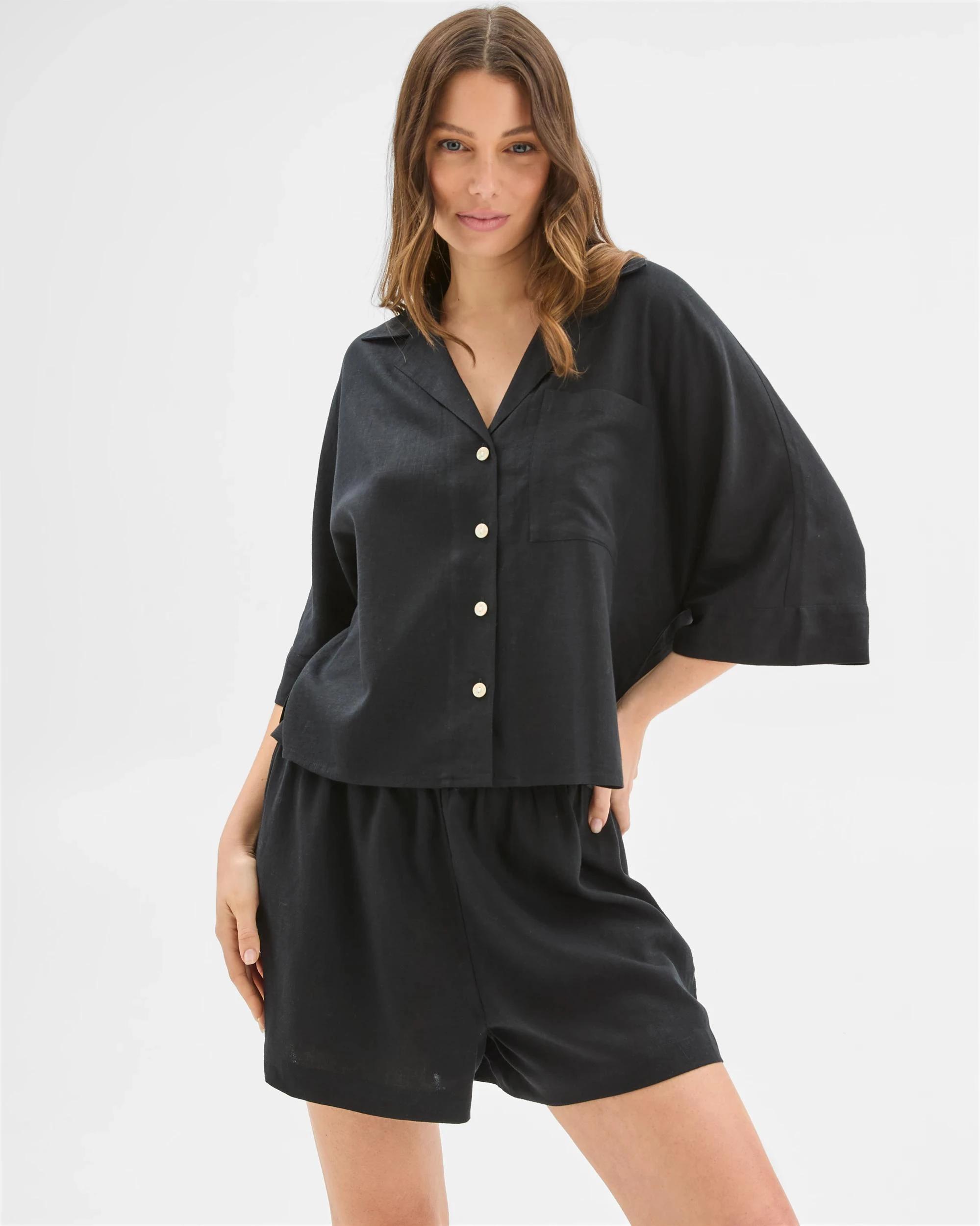 1 Target Woman Womens Linen Blend Shorts and Shirt Pyjama Set BLACK, 1 of 6