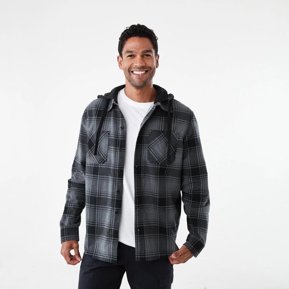 1 Workwear Long Sleeve Hooded Shirt Blk Check, 1 of 7