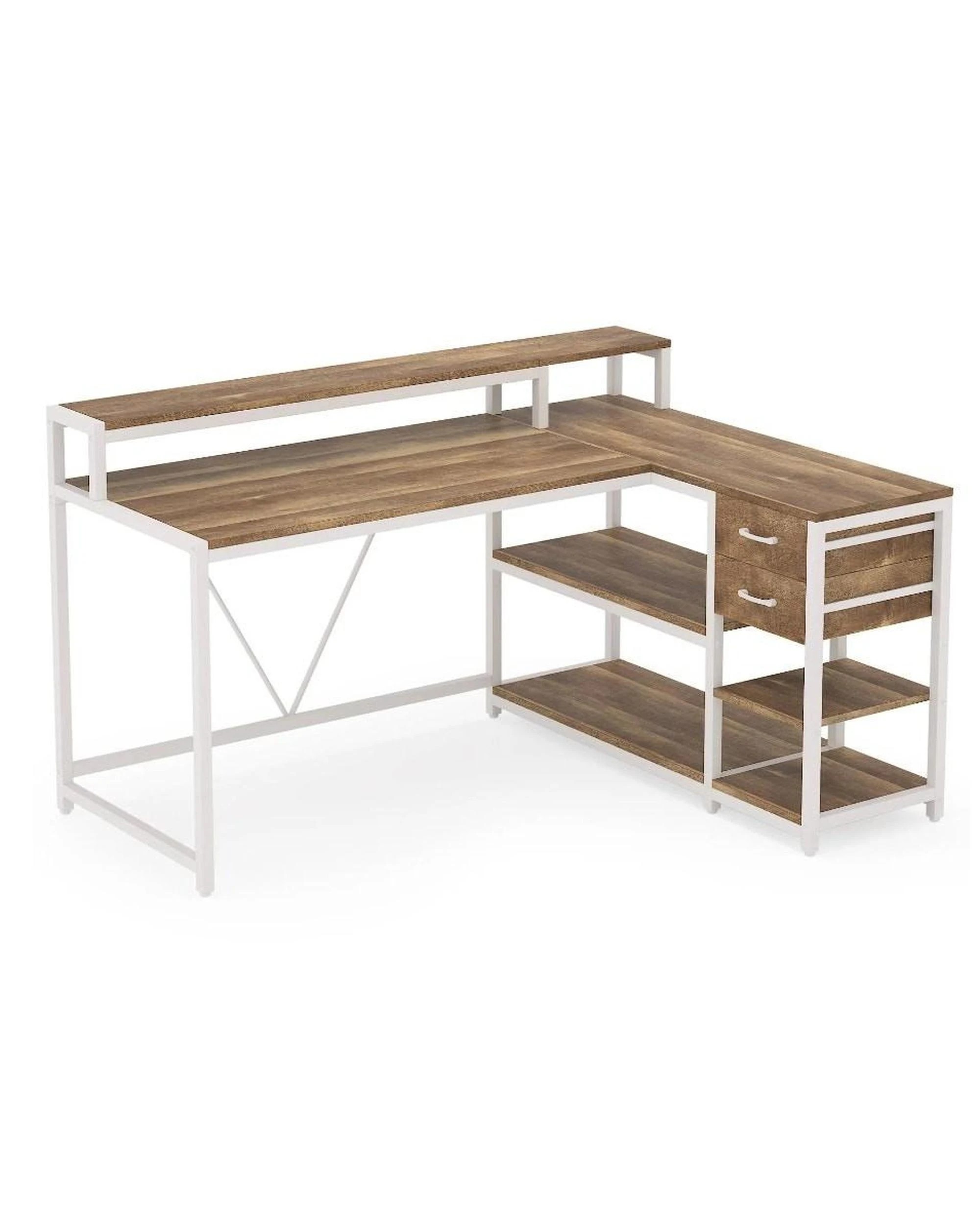 1 OAKORY 140cm L Shaped Reversible Gaming Desk with Drawers Shelves and Monitor Stand Oak and White, 1 of 5