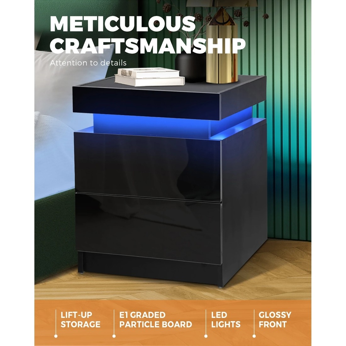 3 Oikiture Bedside Table Rgb Led Nightstand Cabinet 2 Drawers
 - Black, 3 of 10