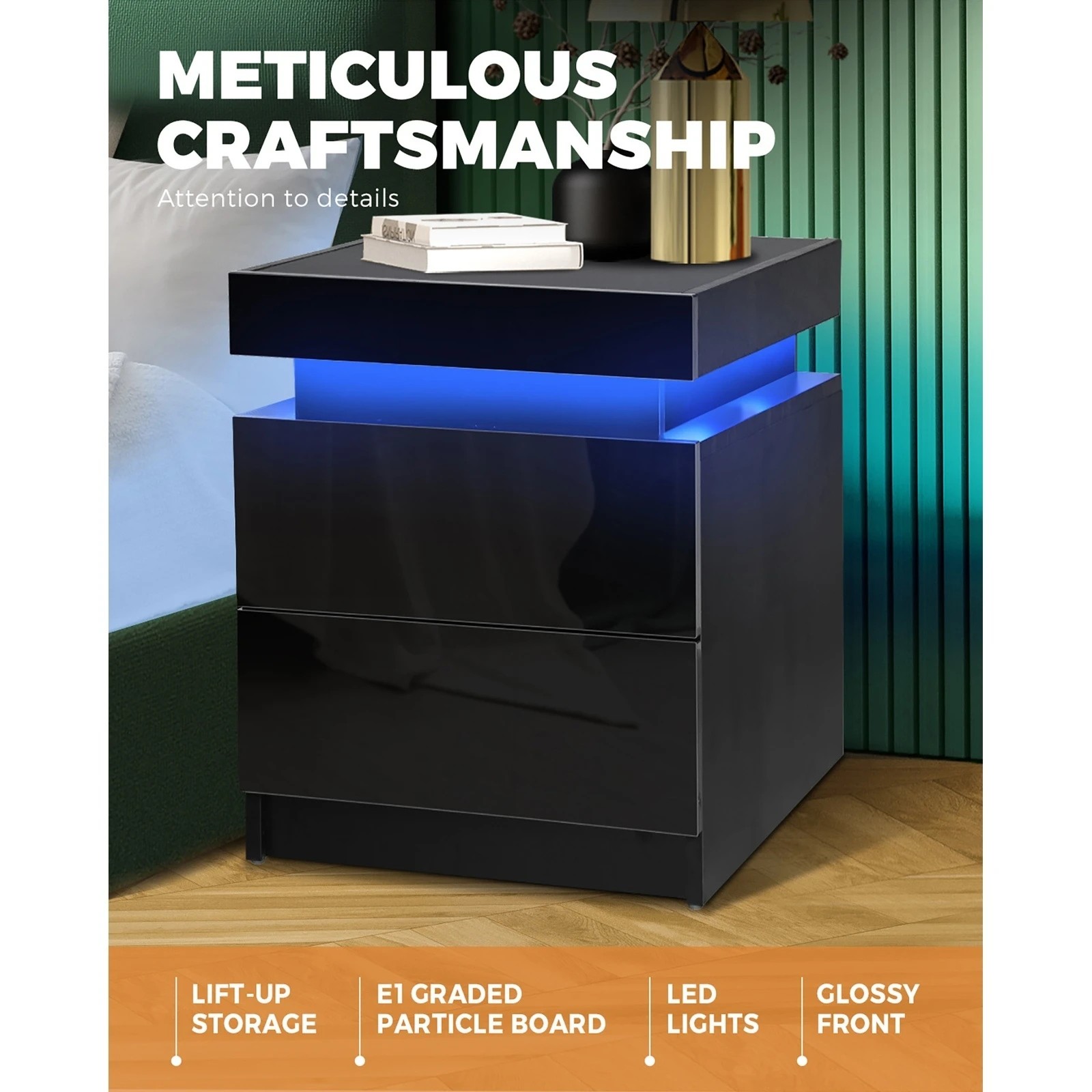 3 Oikiture Bedside Table Rgb Led Nightstand Cabinet 2 Drawers
 - Black, 3 of 10