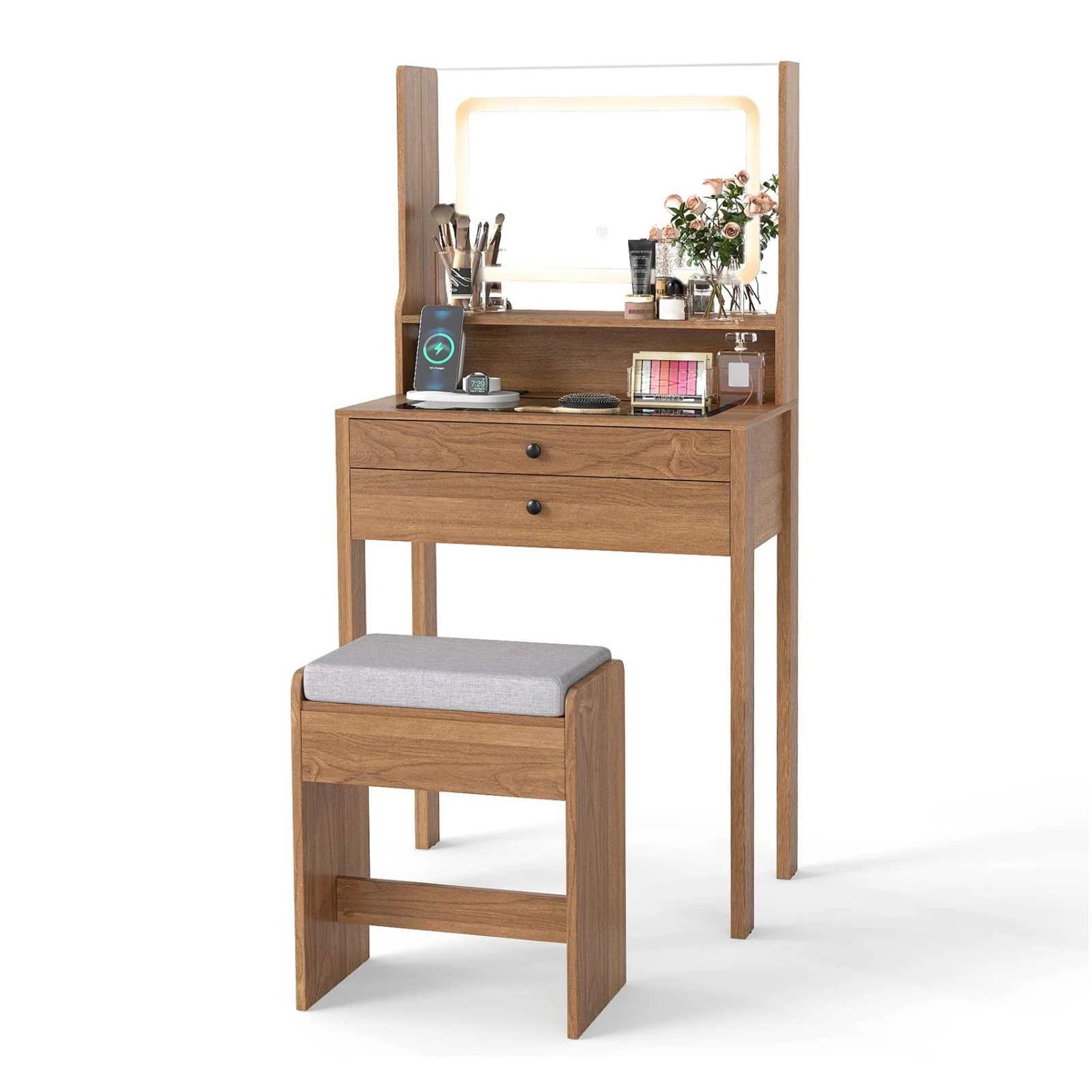 4 Costway Vanity Desk Set Tempered Glass Top Dressing Table Stool w/Power Outlets, 4 of 4