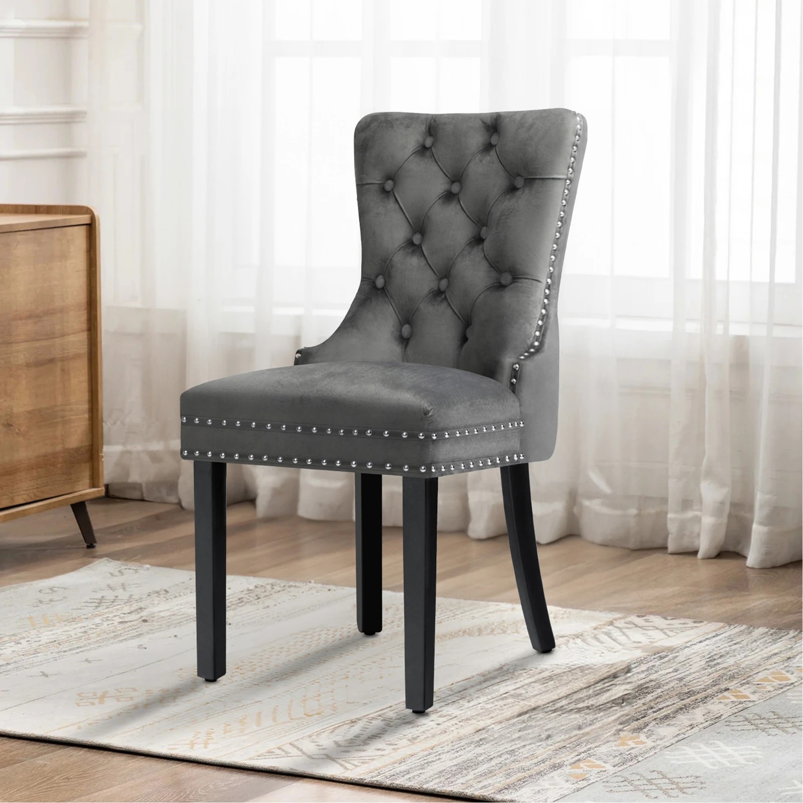 8 Alfordson 4x Dining Chair Kitchen Lounge Retro Button Tufted Wooden Velvet - Grey, 8 of 10