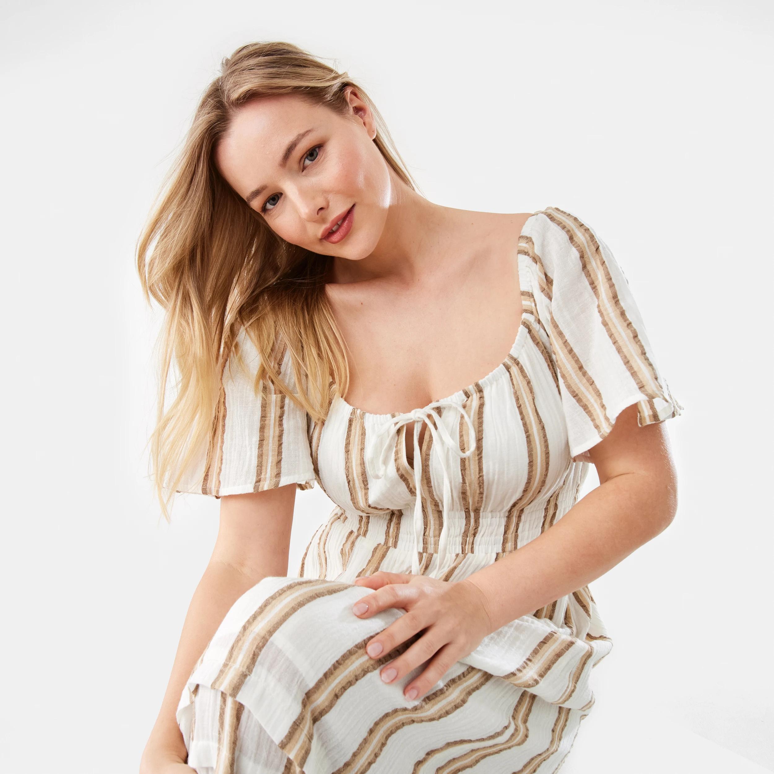 8 Short Sleeve Tie Front Midi Dress Beige Strp, 8 of 10