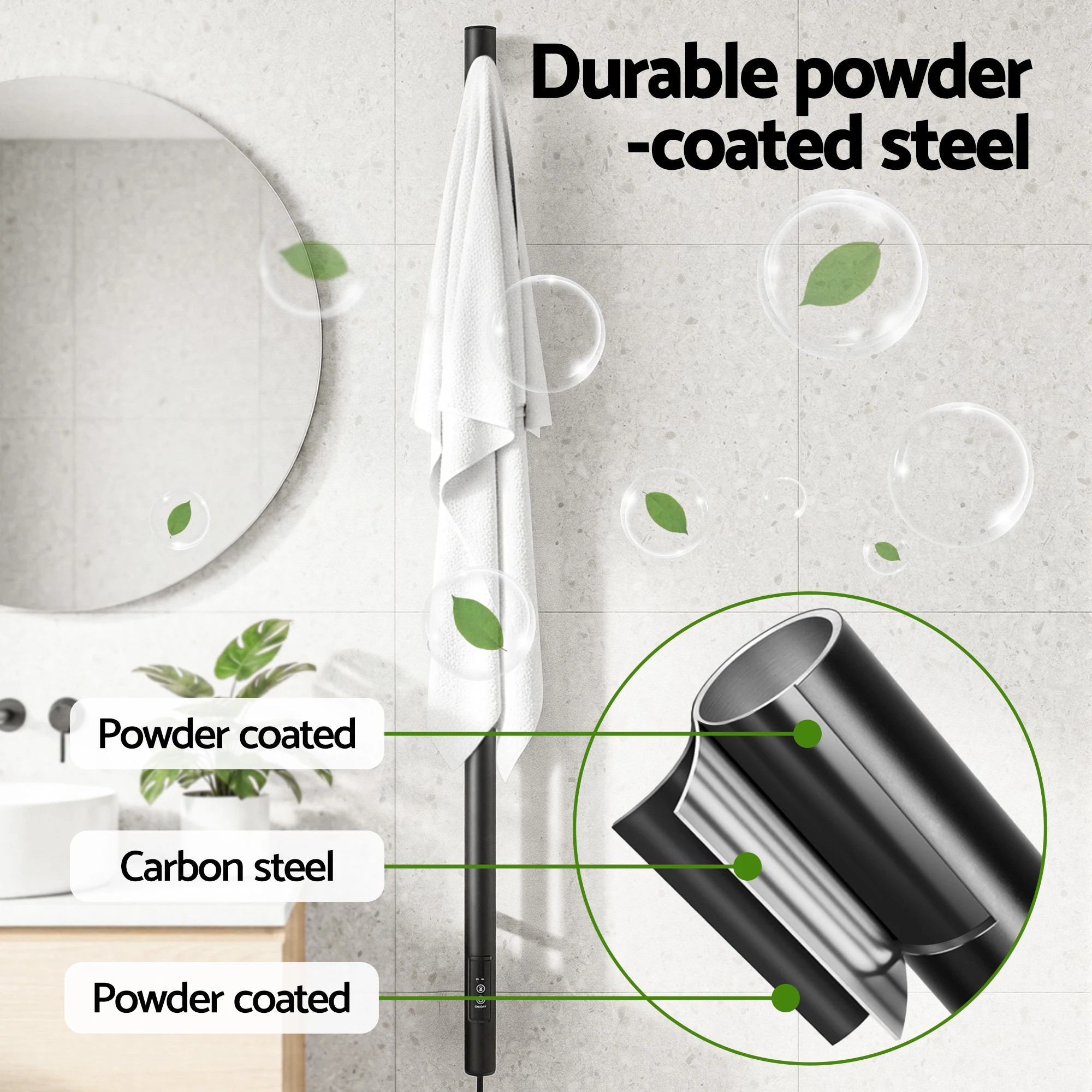 3 Devanti Heated Towel Rail with Timer Vertical Electric Heater Warmer Rack - Black, 3 of 6