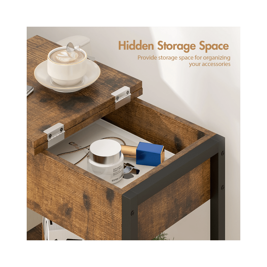 6 Advwin Side Table Flip Top Sofa End Table W/ Charging Station Narrow Bedside Table Walnut, 6 of 8