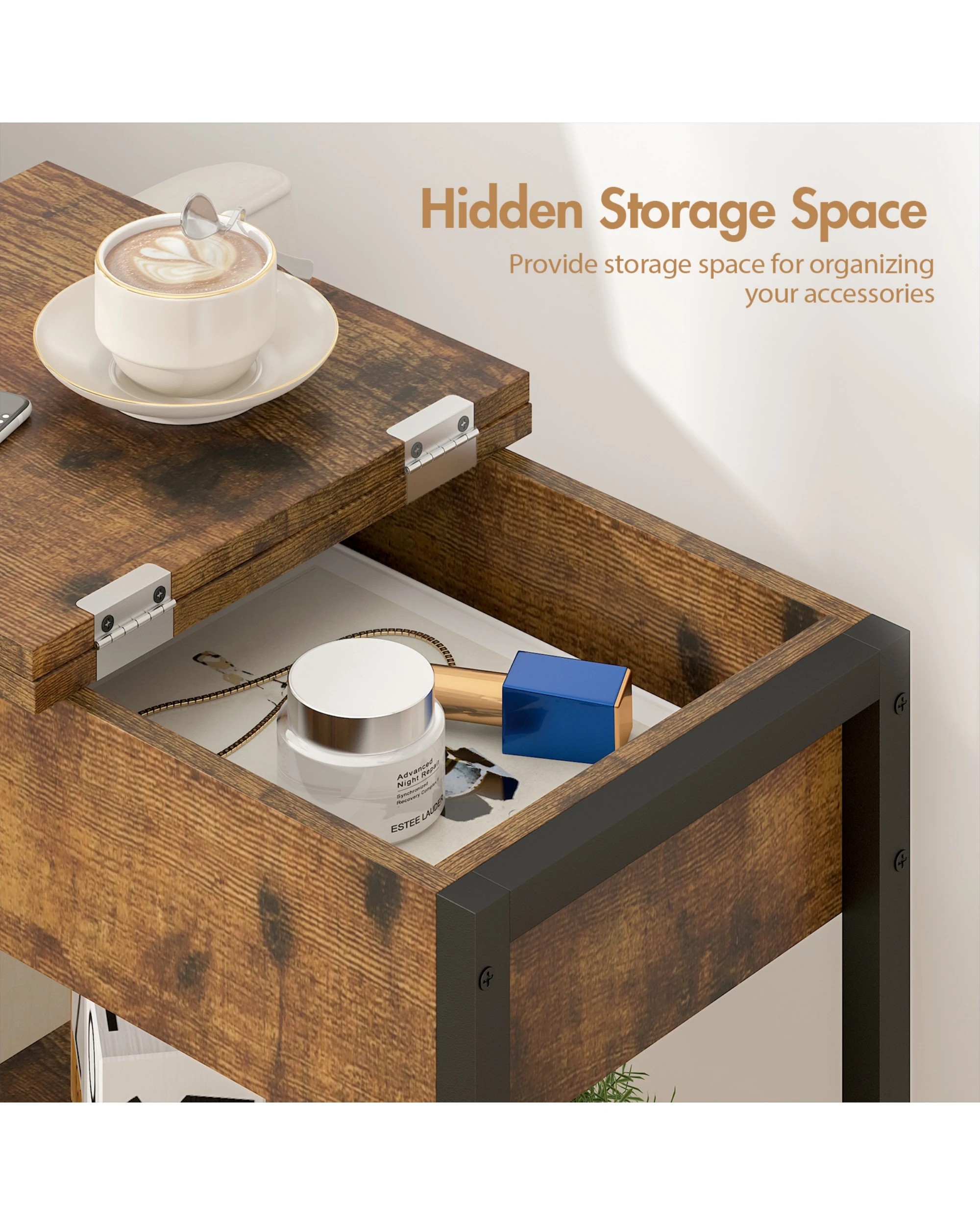 4 Advwin Flip Top Side Table W/ Charging Station Walnut, 4 of 6