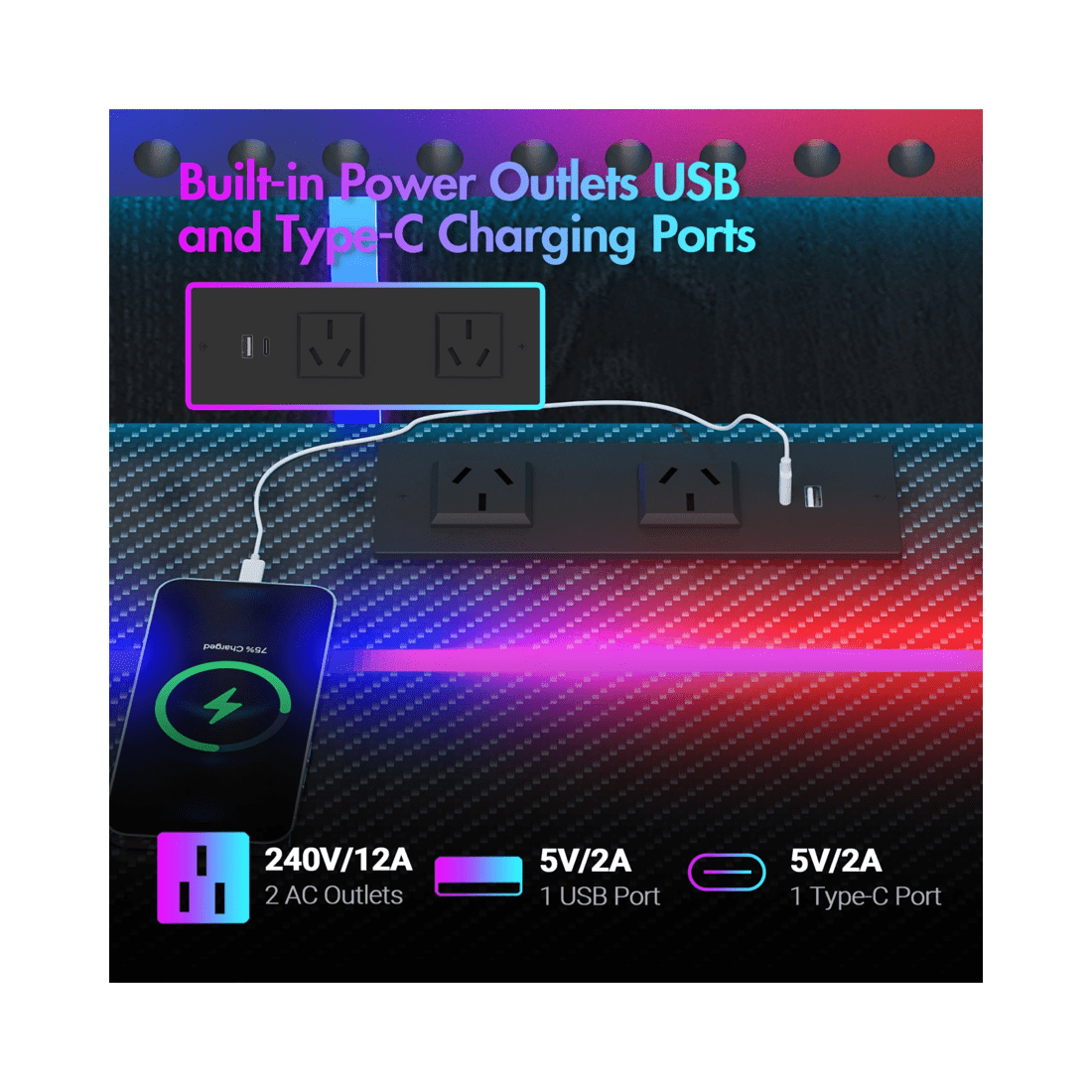 5 Advwin Gaming Desk Built-in Led Lights & Power Outlets 100cm Carbon Fiber Surface Computer Desk Black, 5 of 7