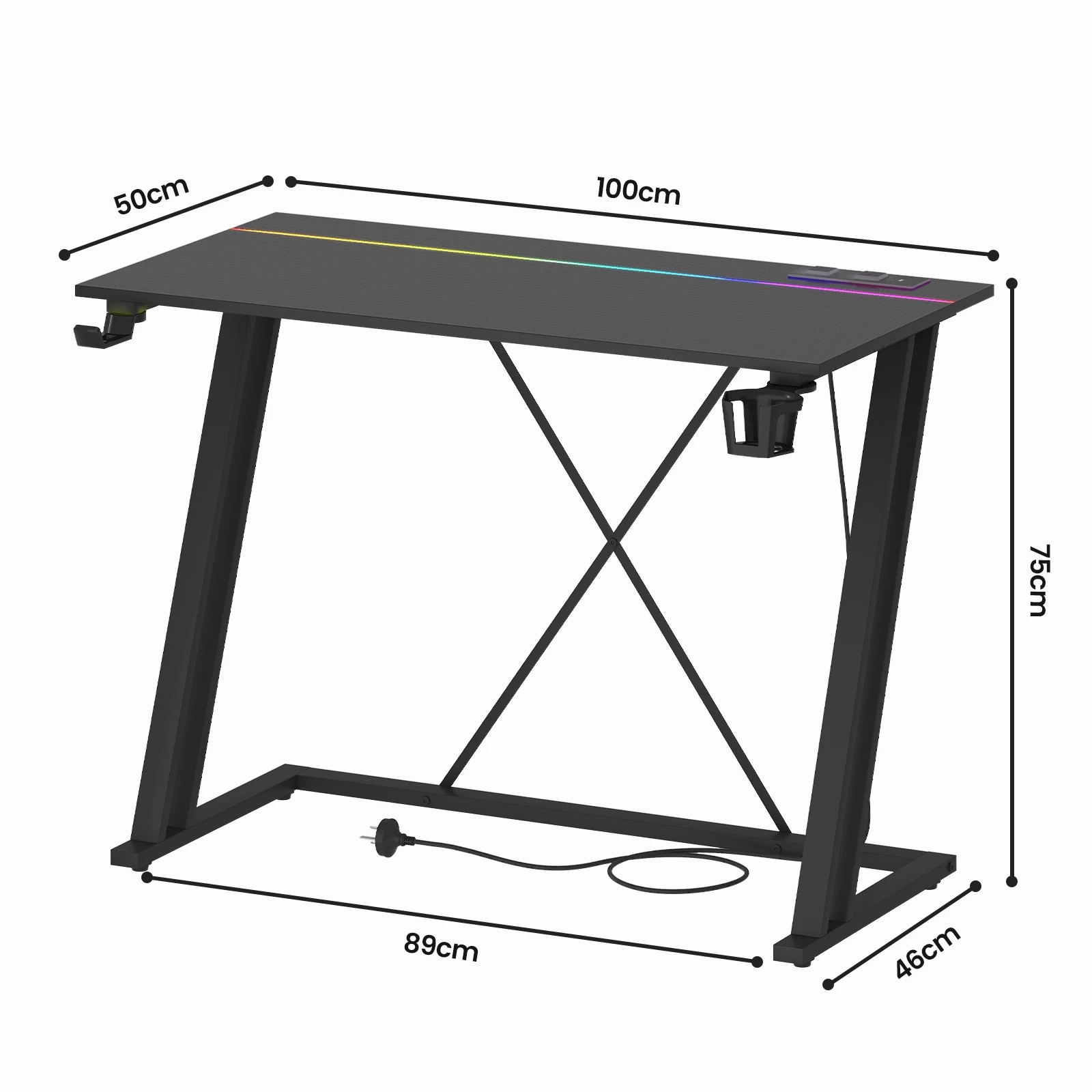 3 Advwin Gaming Desk Built-in Led Lights & Power Outlets 100cm Carbon Fiber Surface Computer Desk Black, 3 of 4