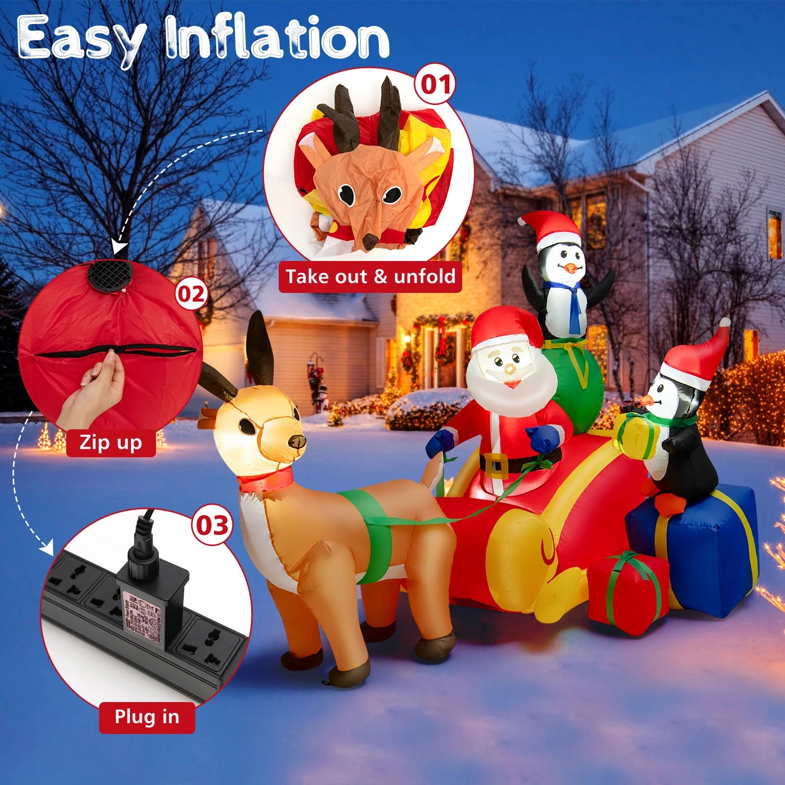 2 Costway 1.8M Inflatable Christmas Decorations Santa Sleigh Reindeer Outdoor Xmas Lights Party Decor, 2 of 2