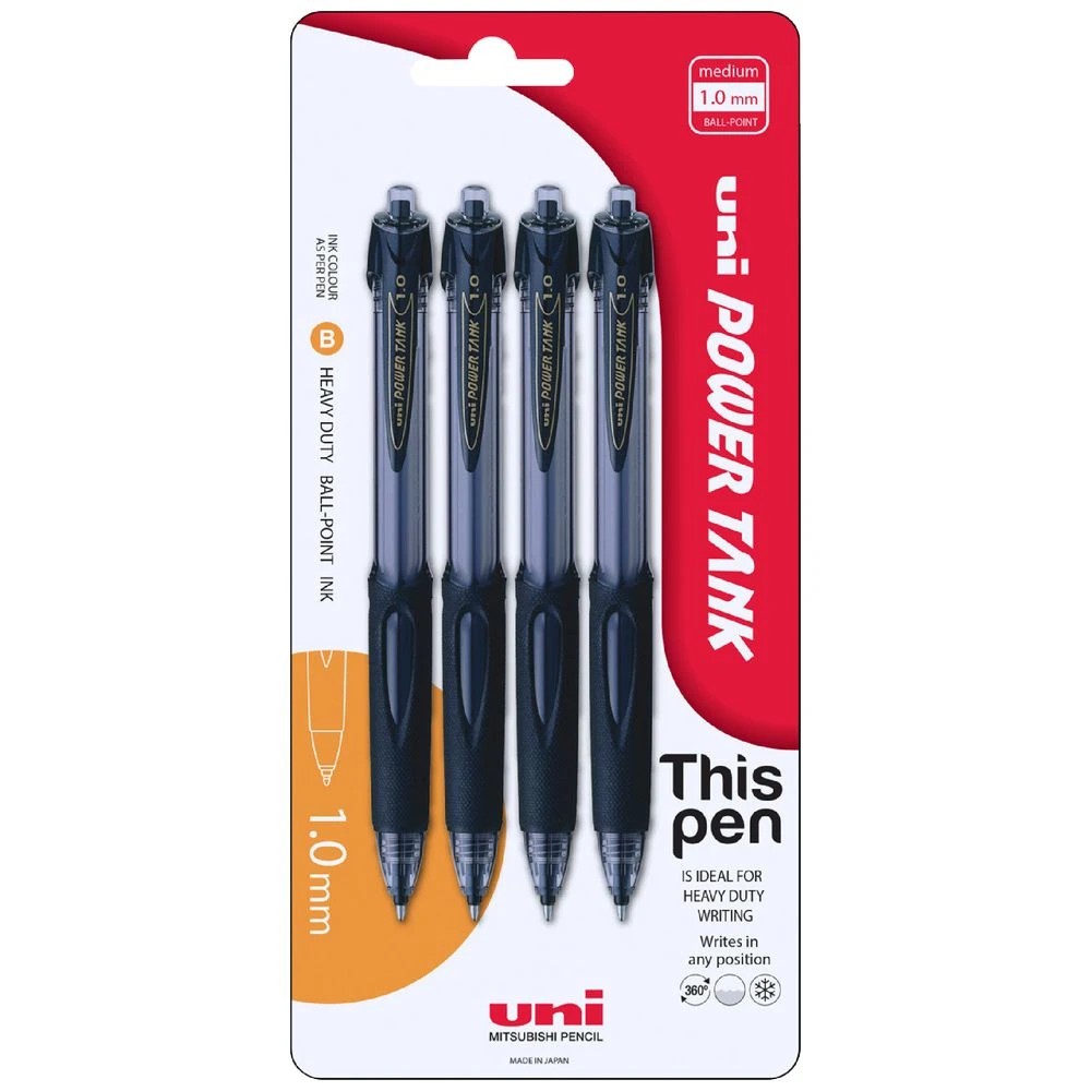 1 Uni Power Tank Retractable Ballpoint Pens Black 4 Pack, 1 of 4