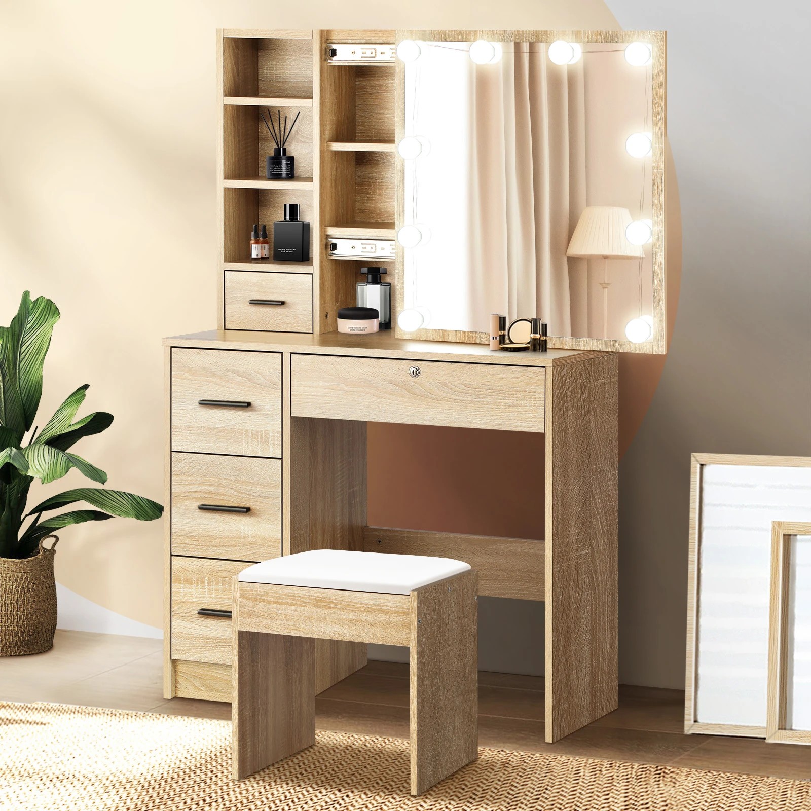 2 Oikiture Dressing Table Stool Set Makeup Slide Mirror Drawer 10 Led Bulbs Wooden
 - Natural, 2 of 9