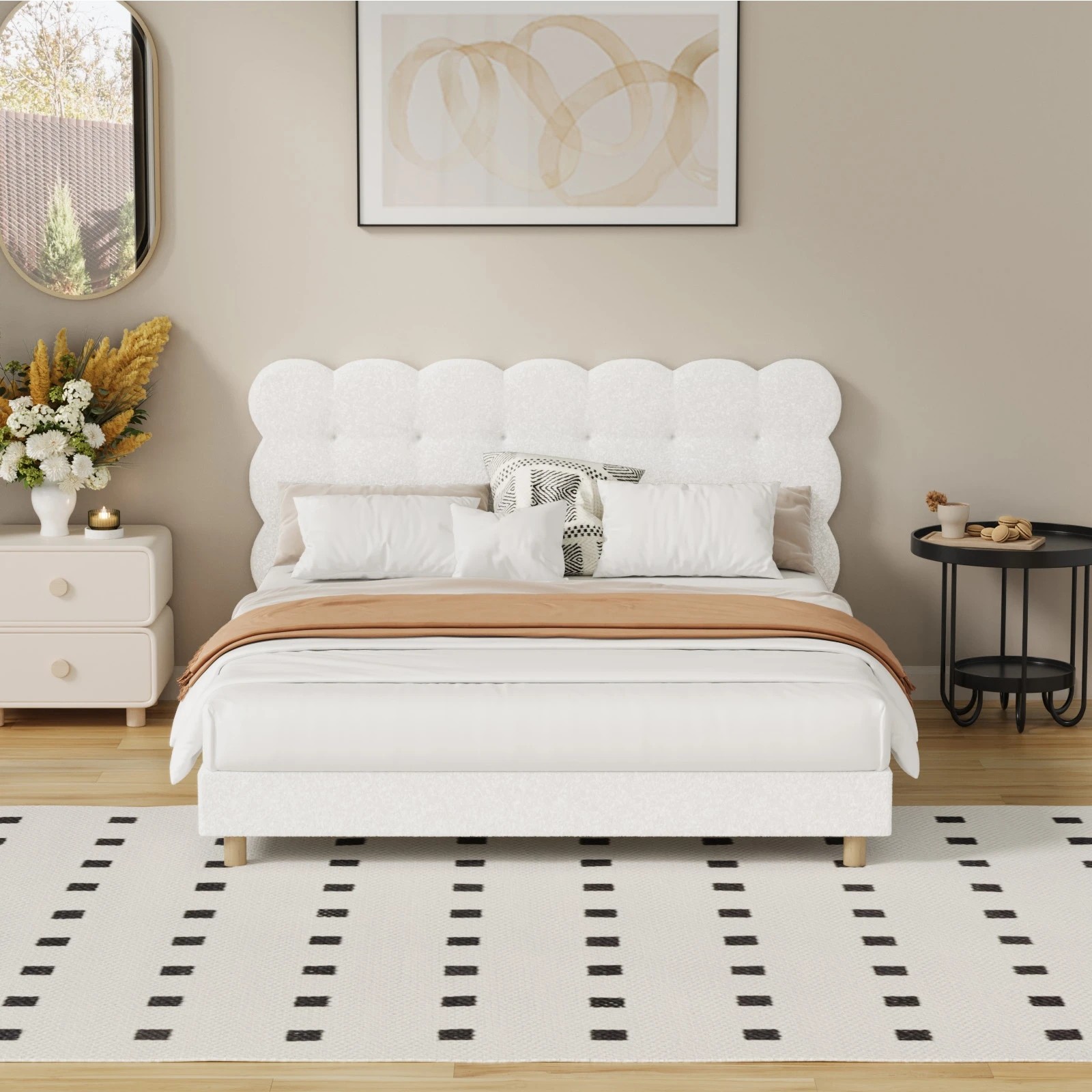 3 Oikiture Queen Bed Tufted Bedhead Boucle Bed Frame
 - White, 3 of 10