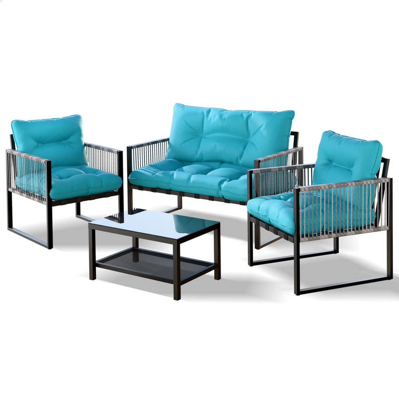 1 Alfordson 4PCS Outdoor Furniture Lounge Set Wicker Table and Chairs Garden - Blue, 1 of 10