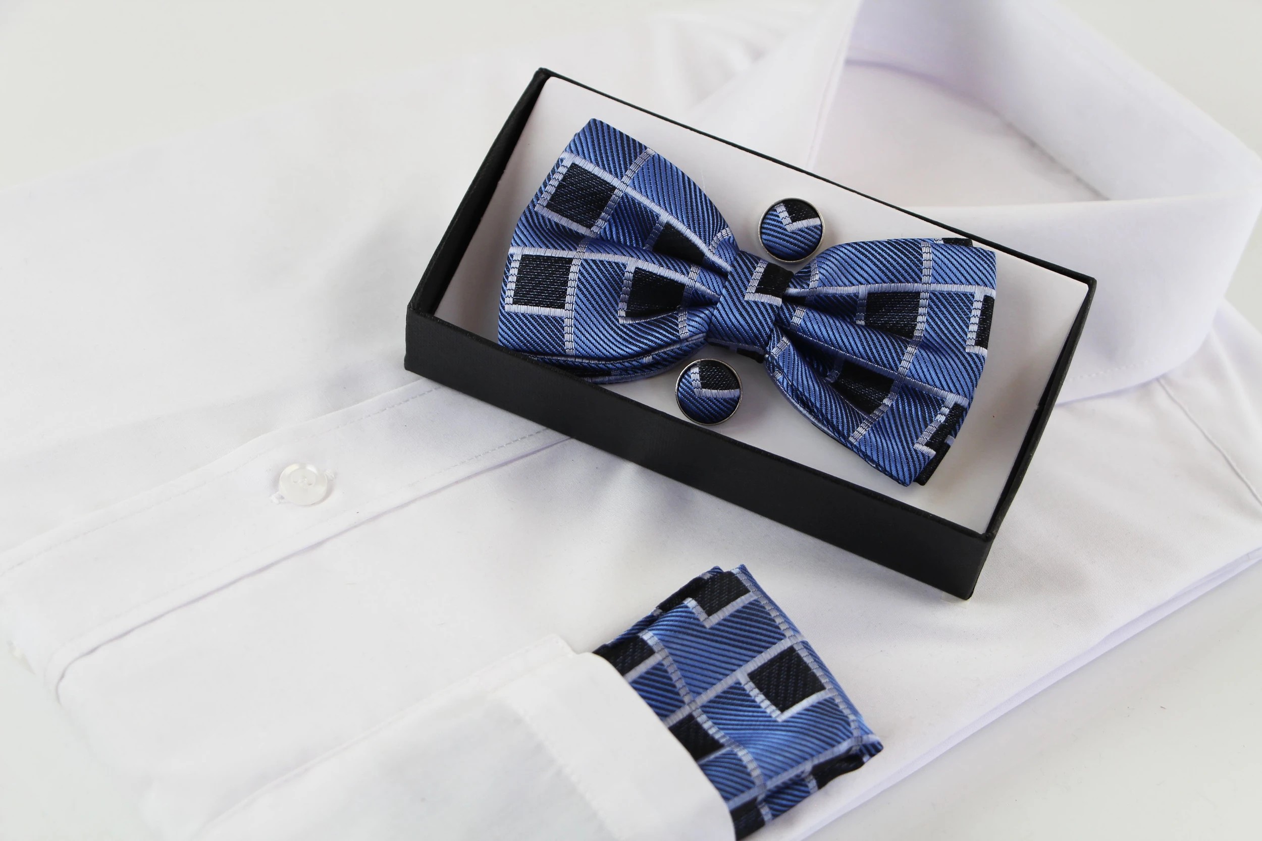 1 Zasel Mens Cornflower Blue Rectilinear Matching Bow Tie, Pocket Square & Cuff Links Set - Multi, 1 of 4
