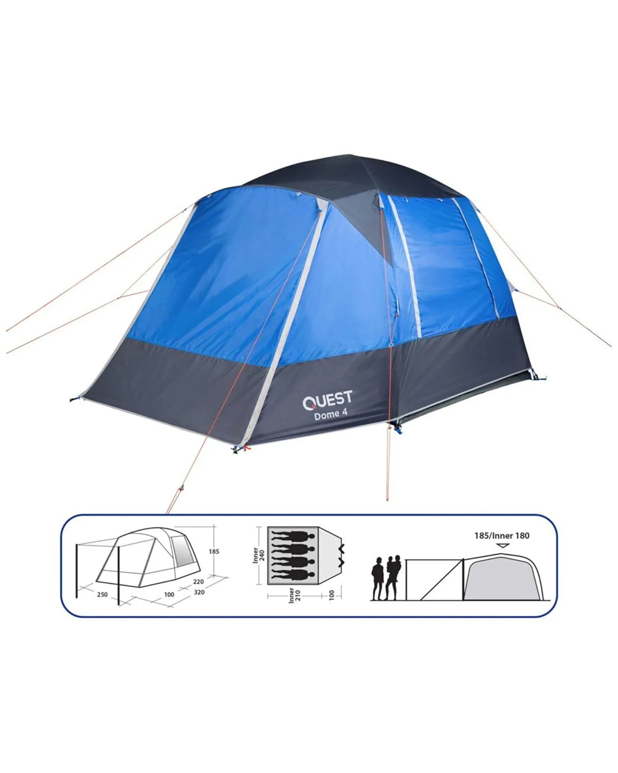 2 Quest Dome 4 Camping Tent 4 Person Waterproof Fly With Carry Bag - Multi, 2 of 5
