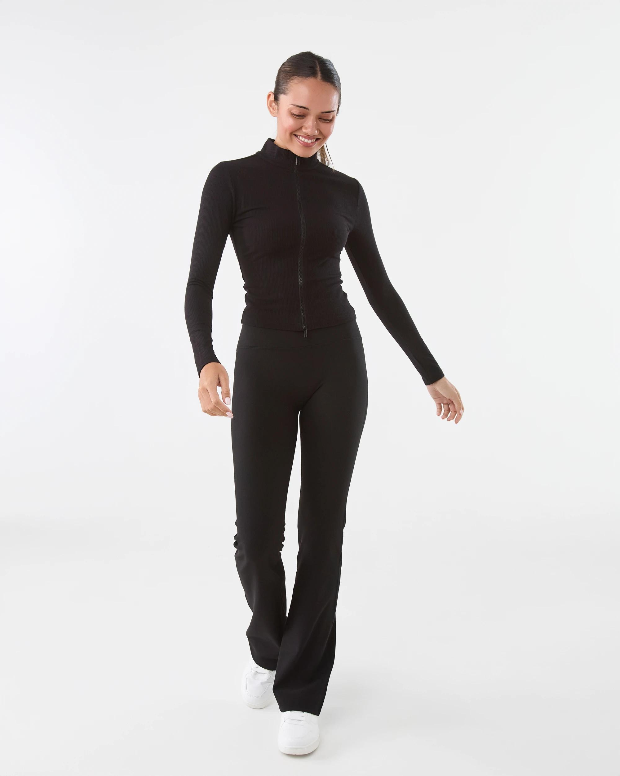 2 Active Womens Ribbed Zip Through Long Sleeve Top Black, 2 of 8