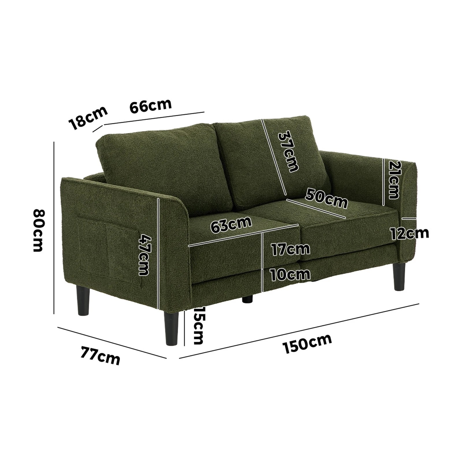 2 Oikiture 150 cm 2 Seater Sofa Love Seat Boucle - Green, 2 of 7