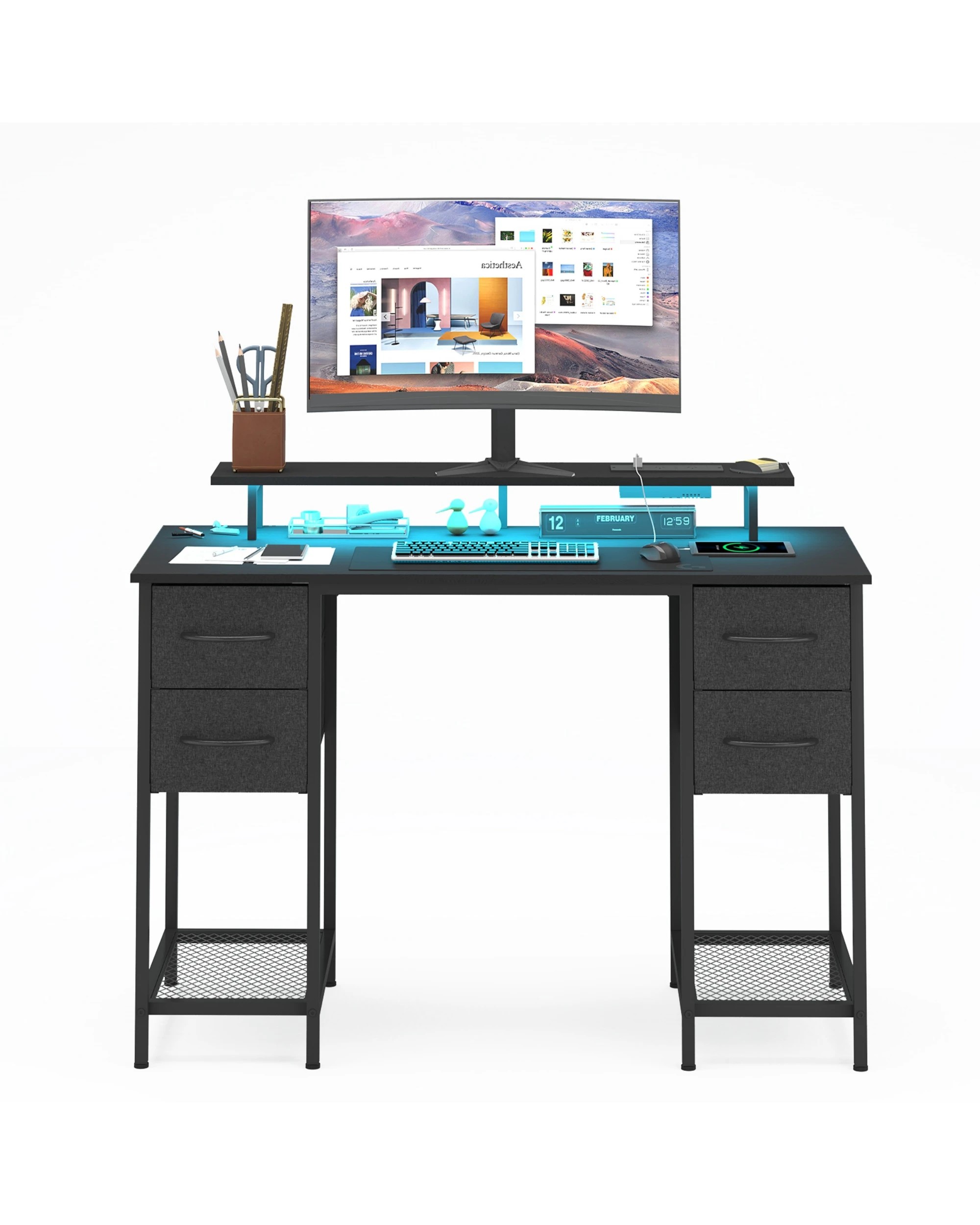 1 Advwin 120cm Computer Desk With Led Lights Power Outlets Gaming Desk Black, 1 of 10