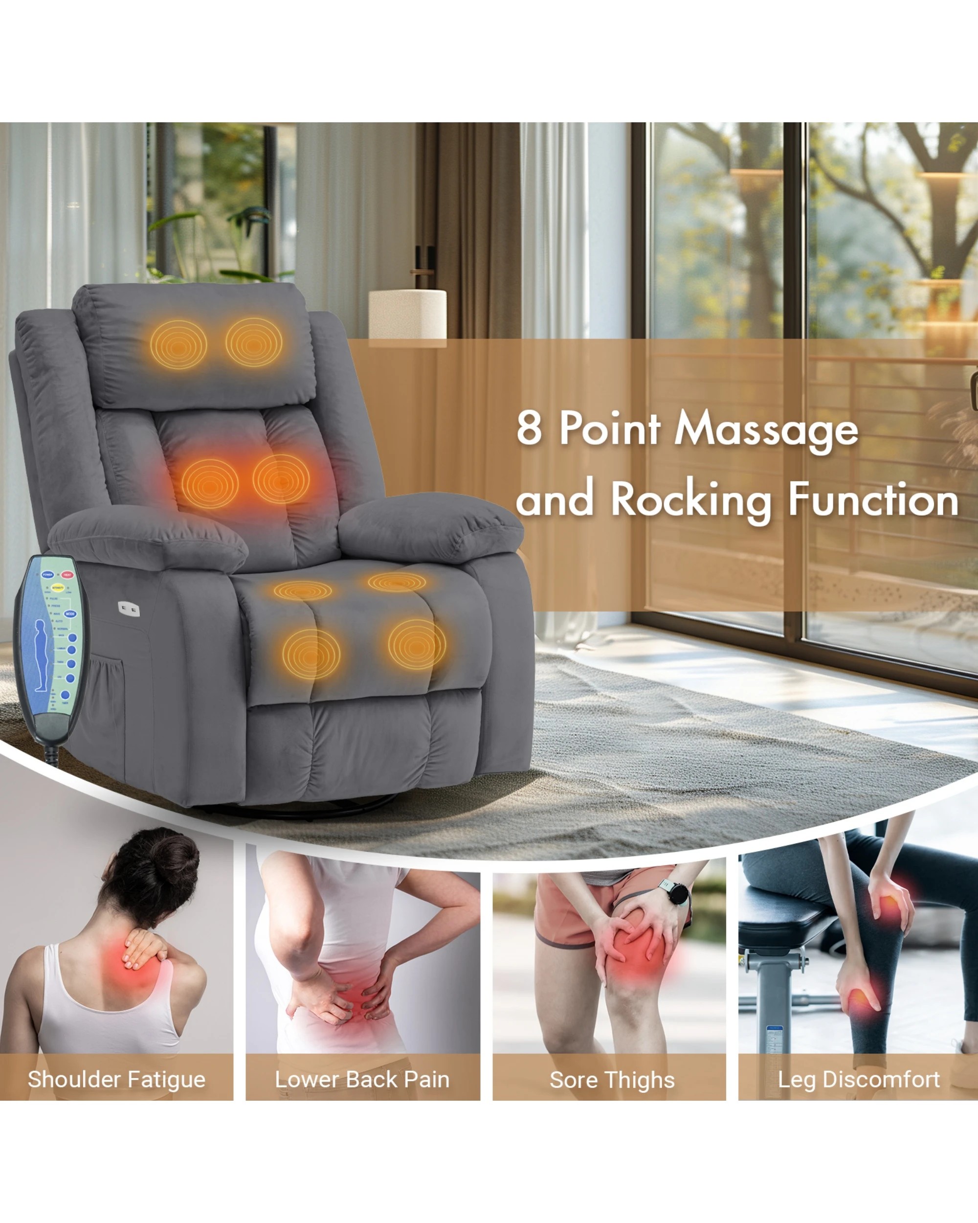 8 Advwin Recliner Chair Electric Heat Massage Chair Lounge Armchair Rotatable Velvet Grey, 8 of 8