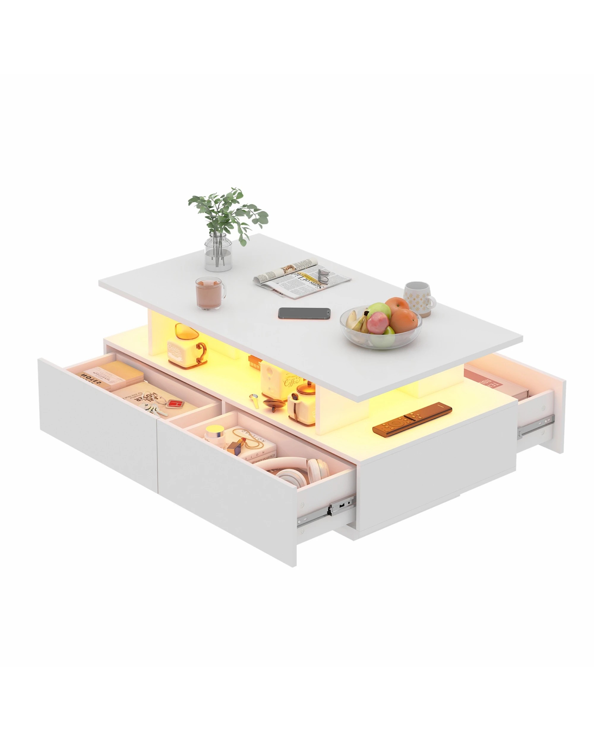 8 Advwin LED Coffee Table w/ 4 Storage Drawers High Gloss Central Table w/ Open Display Shelf, 8 of 8