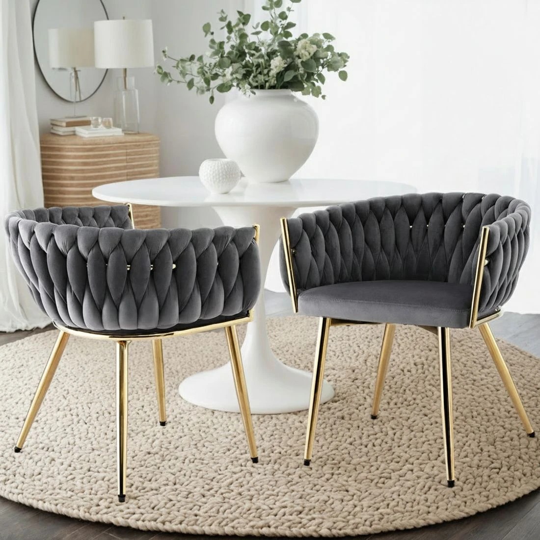 4 Artiss Dining Chair Velvet Weaving Armchair Vanity Chairs - Grey, 4 of 6