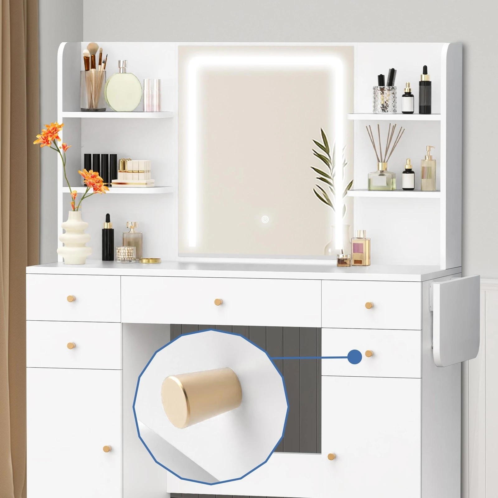 3 Alfordson Dressing Table Stool Set Makeup Mirror LED Vanity 5 Drawers - White, 3 of 9