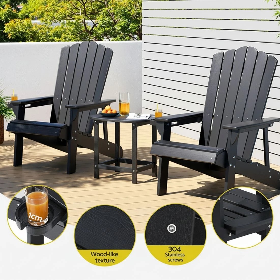 4 Gardeon Outdoor Table and Chairs HDPE Adirondack Beach Chair Sun Lounge Patio Furniture Garden - Black, 4 of 6