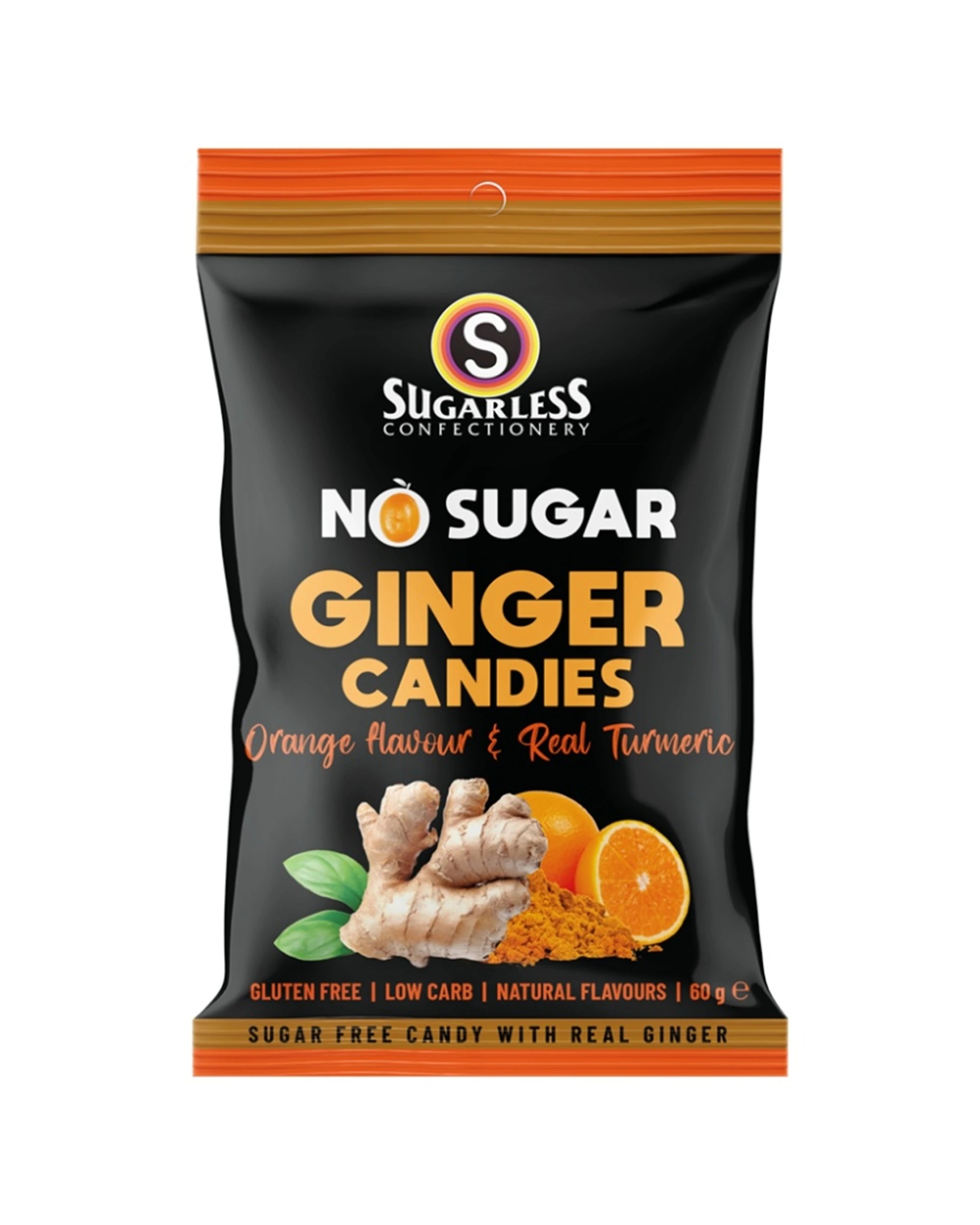 1 Sugarless Confectionery Co Orange & Turmeric flavoured Ginger Candies 60g, 1 of 1