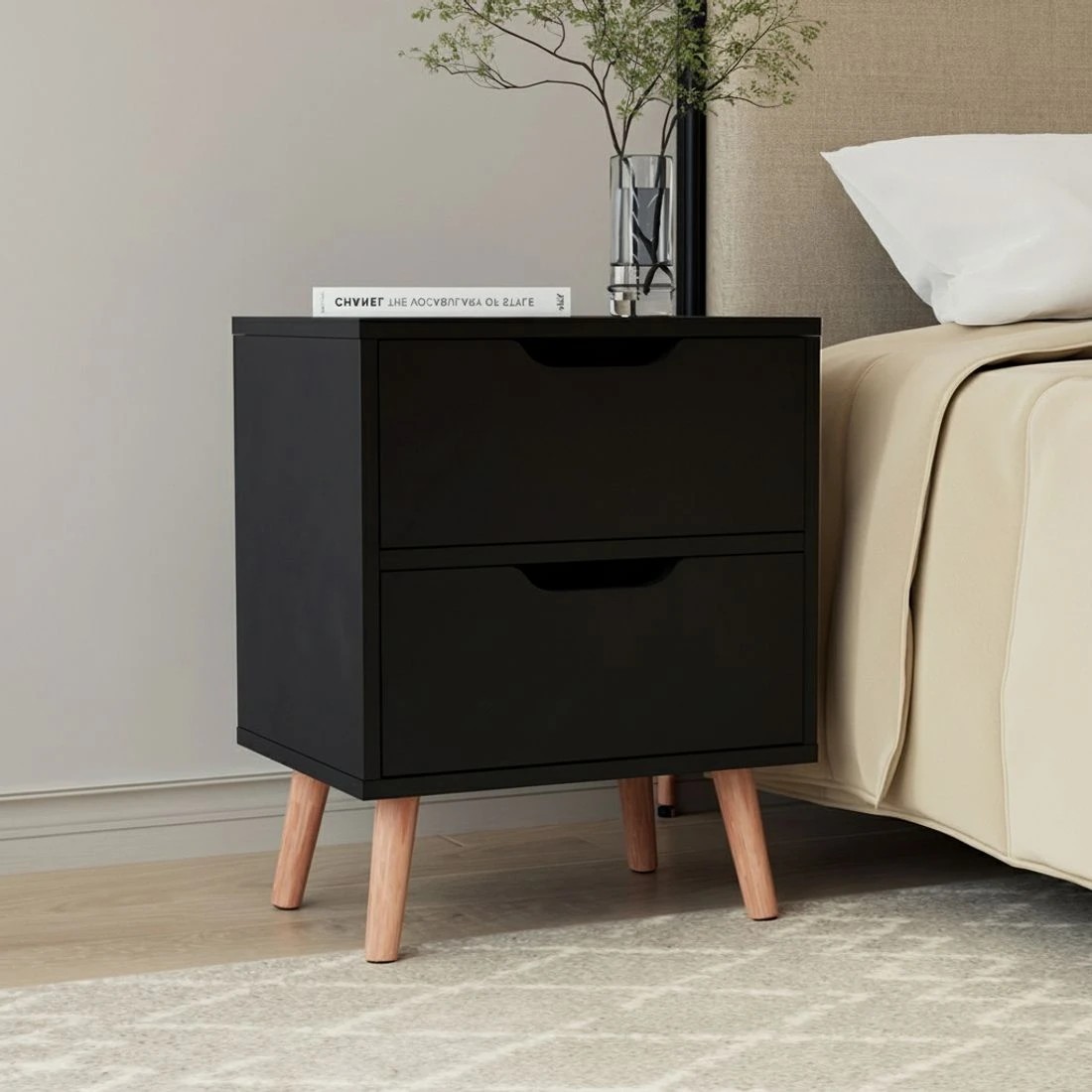 5 Artiss 2 x Bedside Table 2 Drawers - Black, 5 of 7